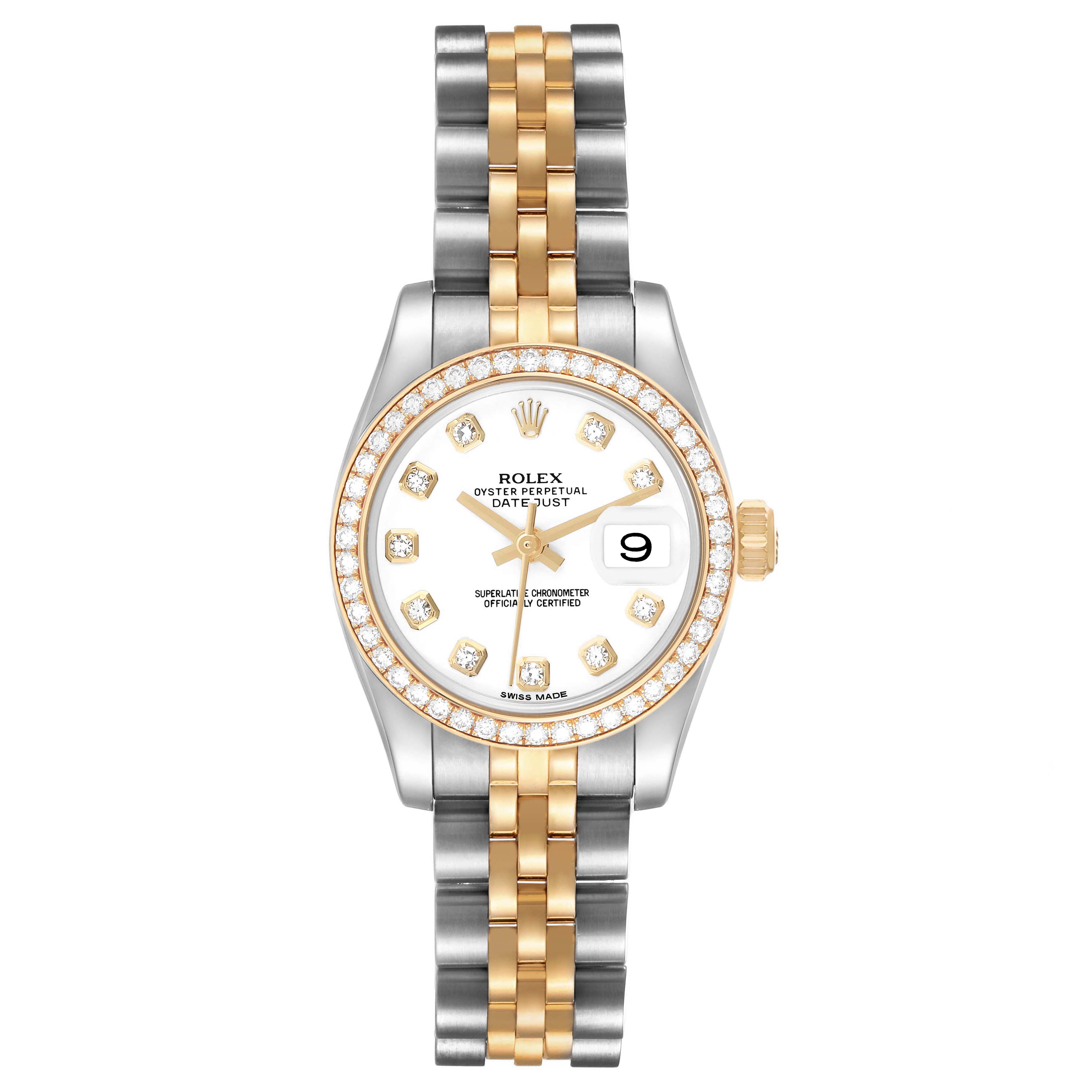 The Rolex Datejust 179383 Women's Steel and Gold (two tone) White Dial watch is shown from the front, displaying the dial, bezel, and two-tone bracelet.