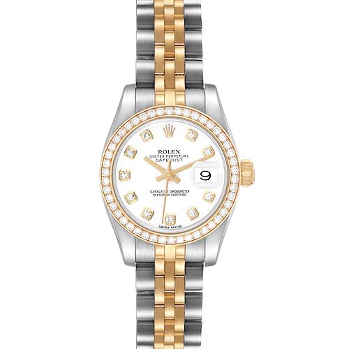 The Rolex Datejust 179383 Women's Steel and Gold (two tone) White Dial watch is shown from the front, highlighting the dial, bezel, bracelet, and crown.