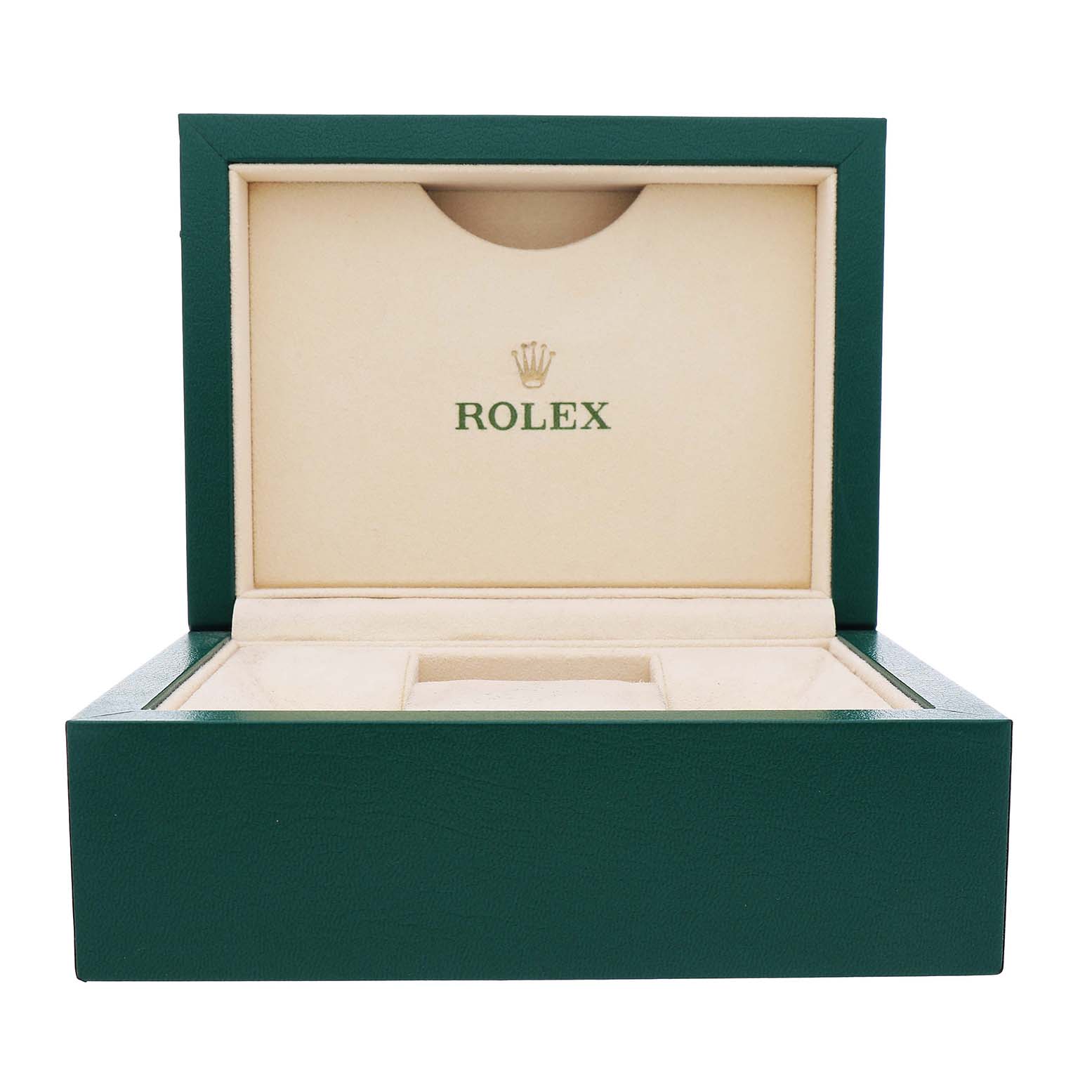 The image shows a Rolex Datejust 179383 Women's Steel and Gold (two tone) White Dial watch box, open with the logo visible inside the lid.
