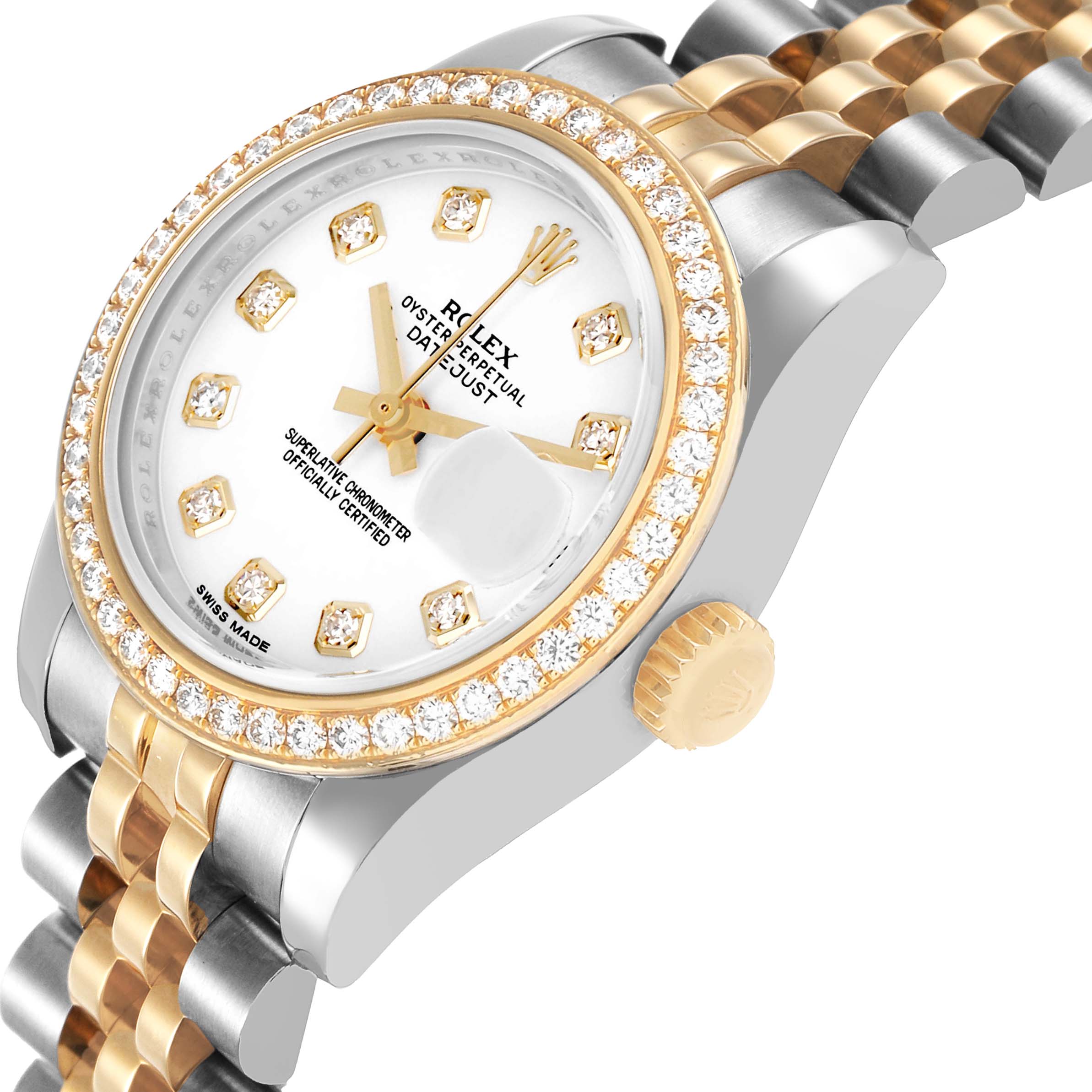 The Rolex Datejust 179383 Women's Steel and Gold (two tone) White Dial watch is shown at an oblique angle, highlighting its diamond bezel, dial, crown, and two-tone bracelet.