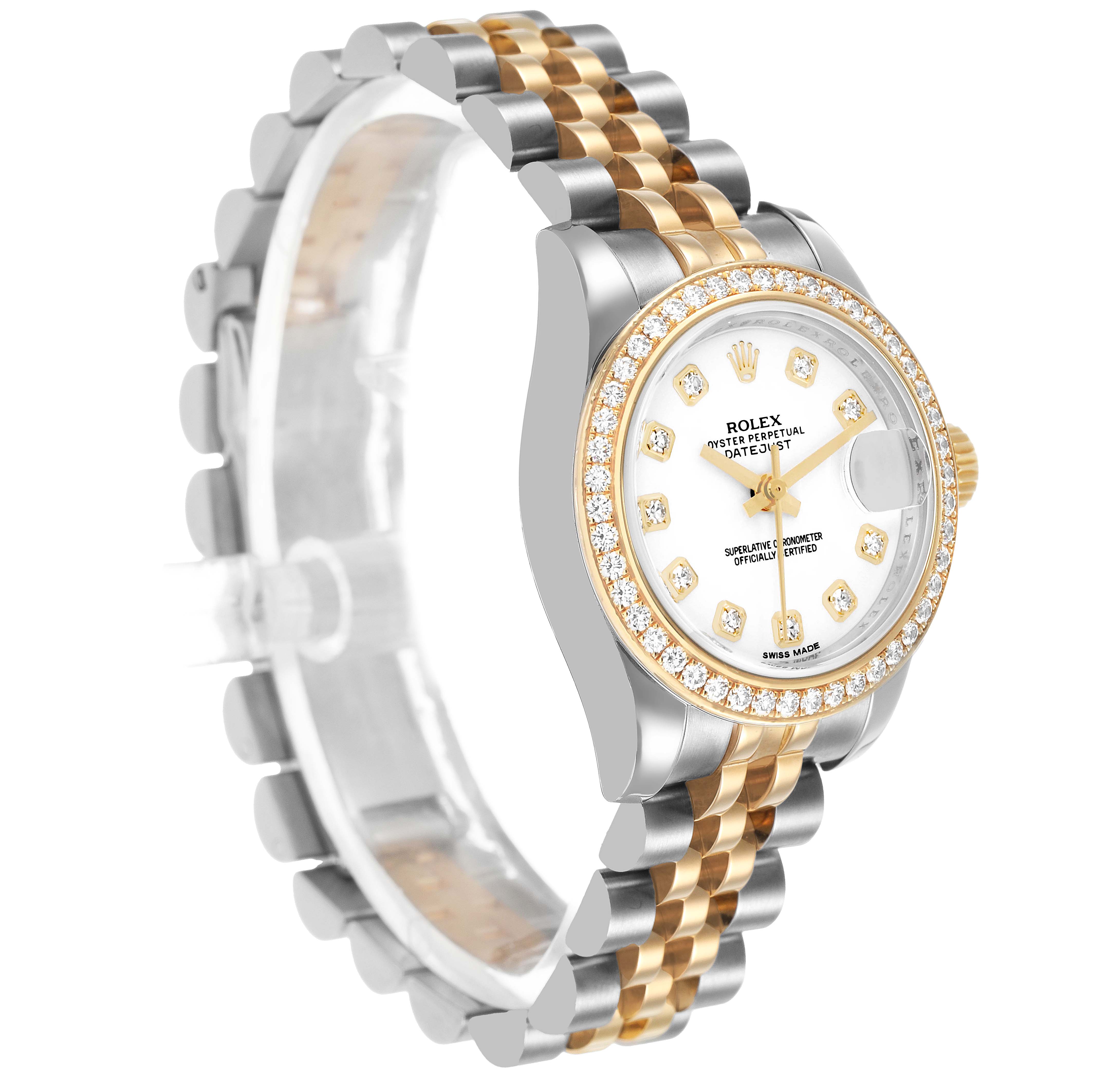 The Rolex Datejust 179383 Women's Steel and Gold (two tone) White Dial watch is shown at a three-quarter angle, highlighting the bracelet, bezel, dial, and crown.