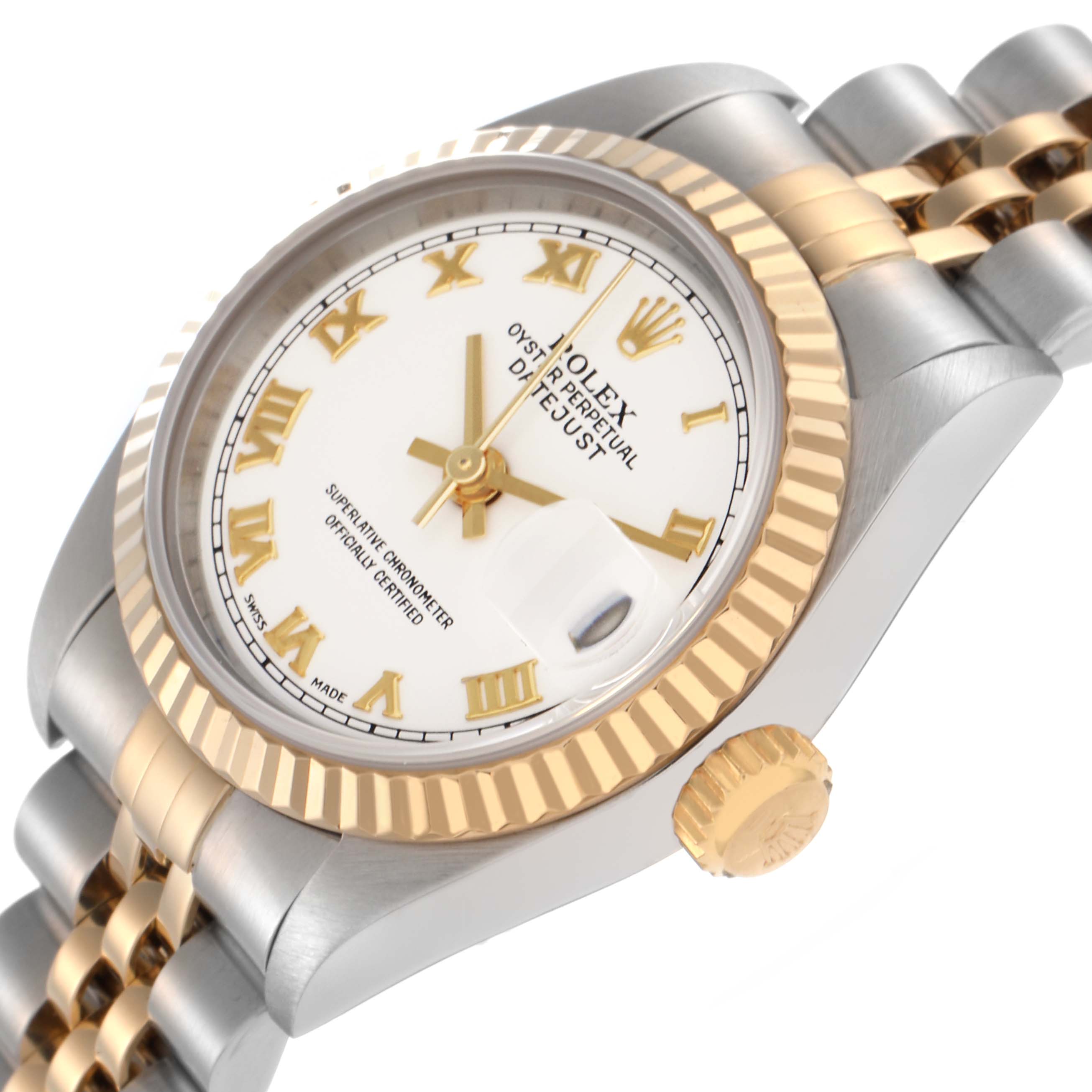 The Rolex Datejust 79173 Women
s Steel and Gold (two tone) White Dial 79173 Women
s Steel and Gold (two tone) White Dial watch is shown at a slight angle displaying the dial, fluted bezel, crown, and part of the bracelet.