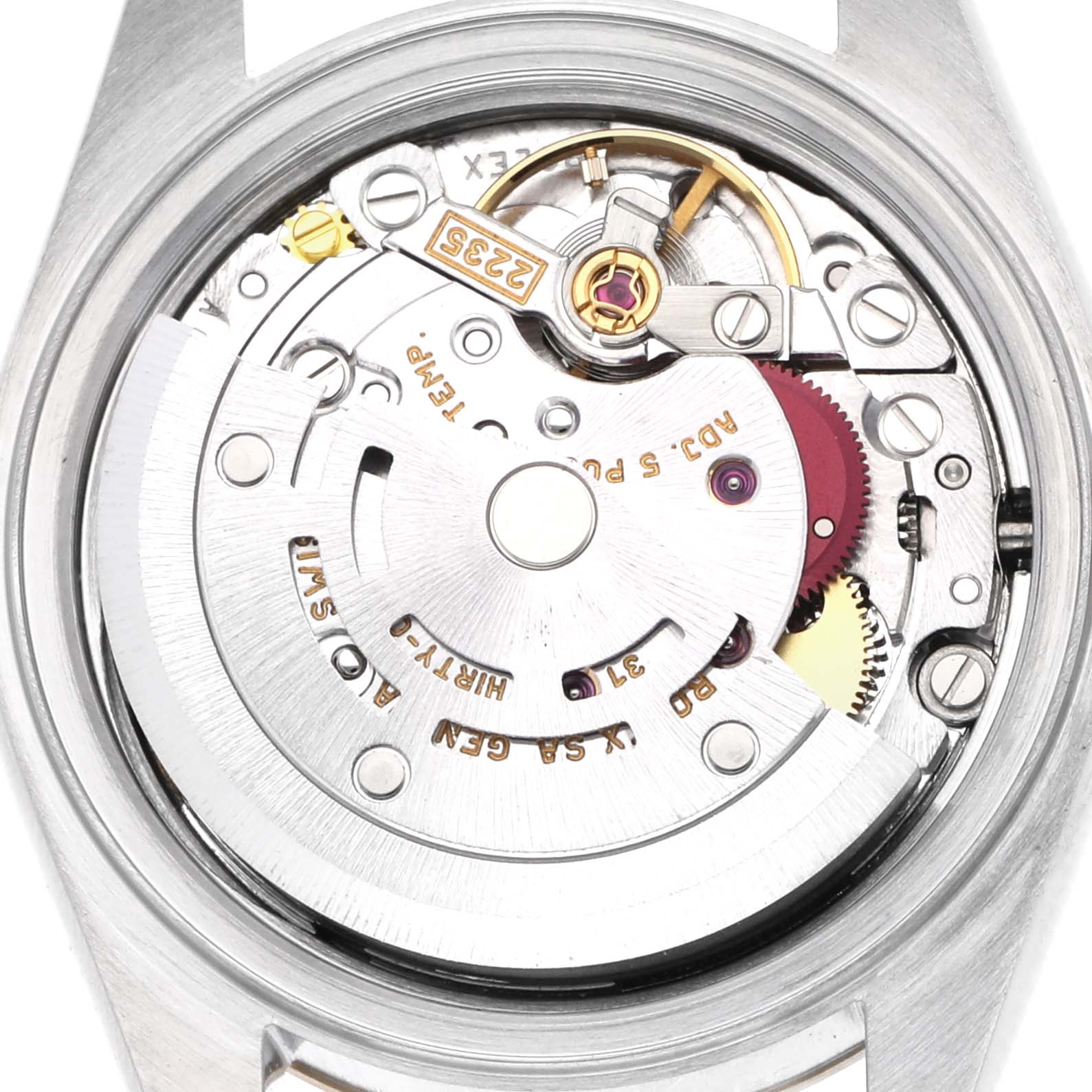 The image shows the back view of a Rolex Datejust 79173 Women
s Steel and Gold (two tone) White Dial 79173 Women
s Steel and Gold (two tone) White Dial, highlighting the movement and gears.