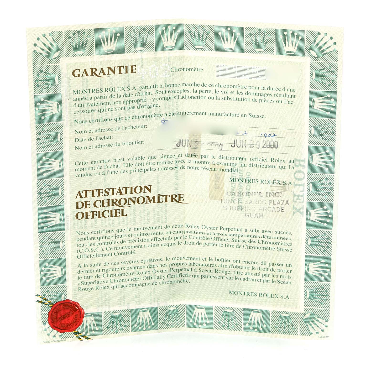 The image shows a Rolex Datejust 79173 Women
s Steel and Gold (two tone) White Dial 79173 Women
s Steel and Gold (two tone) White Dial warranty certificate with a decorative border and embossed seal.