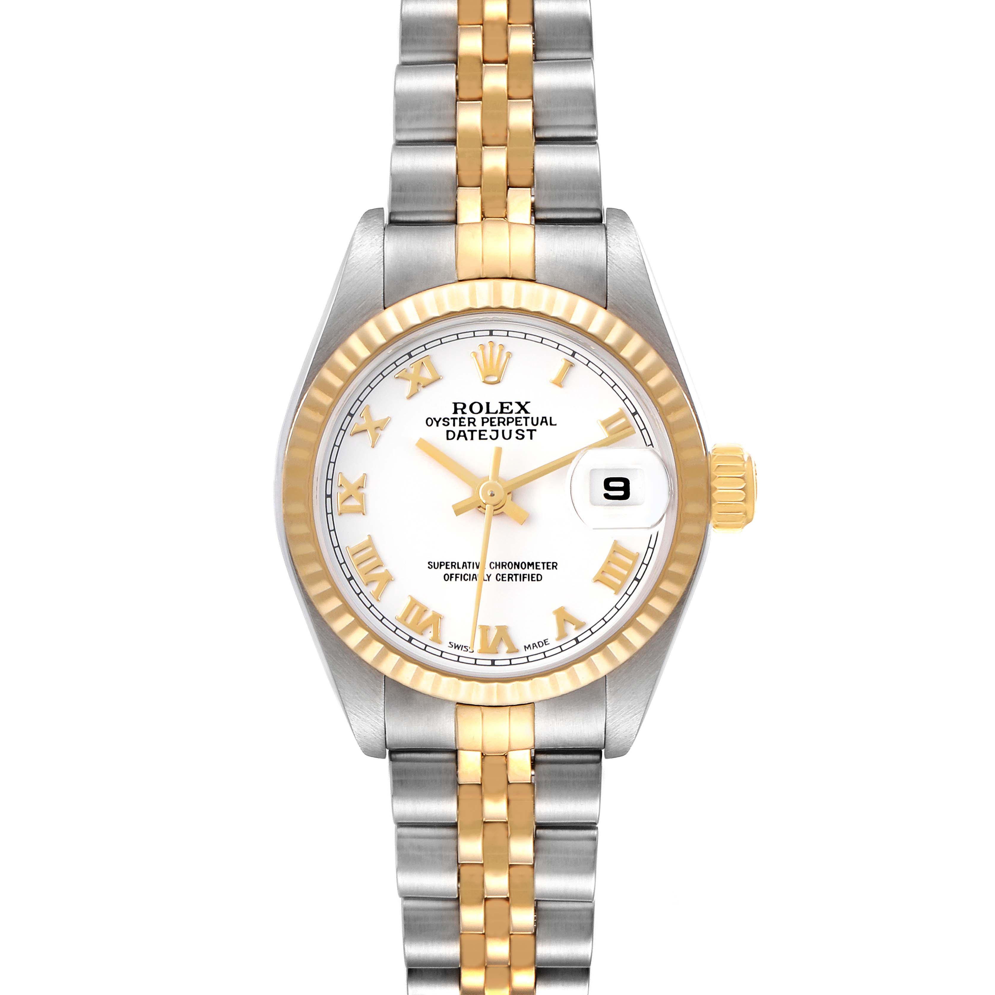 The Rolex Datejust 79173 Women
s Steel and Gold (two tone) White Dial 79173 Women
s Steel and Gold (two tone) White Dial watch is shown from a top-down angle, highlighting the bezel, dial, hands, date window, and the two-tone bracelet.