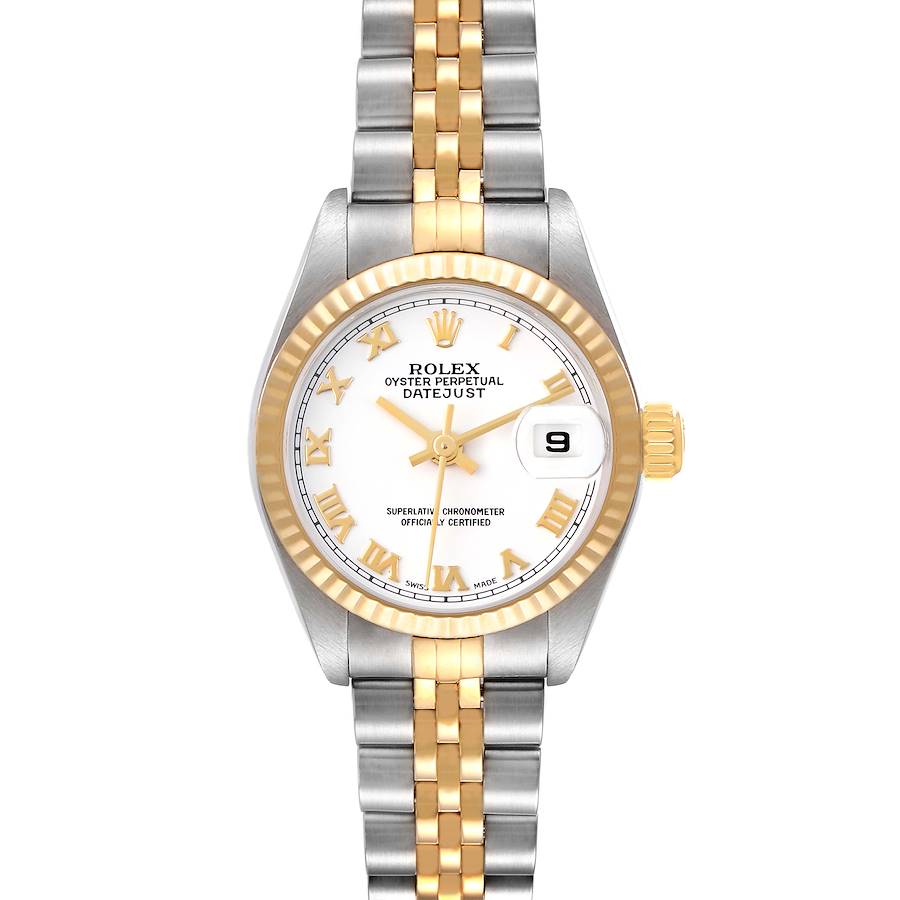 The Rolex Datejust watch is shown from a top-down angle, highlighting the bezel, dial, hands, date window, and the two-tone bracelet.