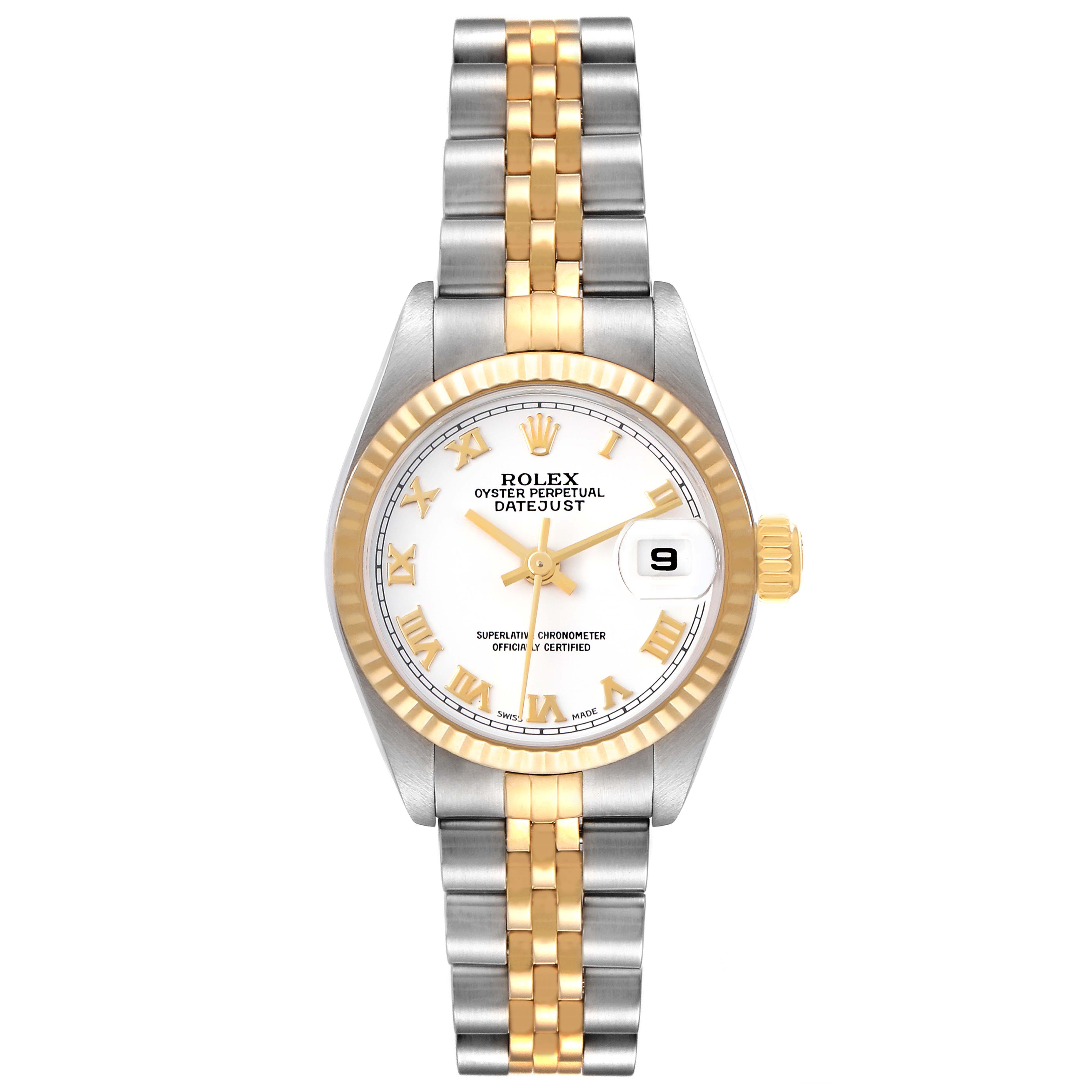 The Rolex Datejust 79173 Women
s Steel and Gold (two tone) White Dial 79173 Women
s Steel and Gold (two tone) White Dial watch is shown from a top-down view, highlighting its face, bezel, and two-tone bracelet.