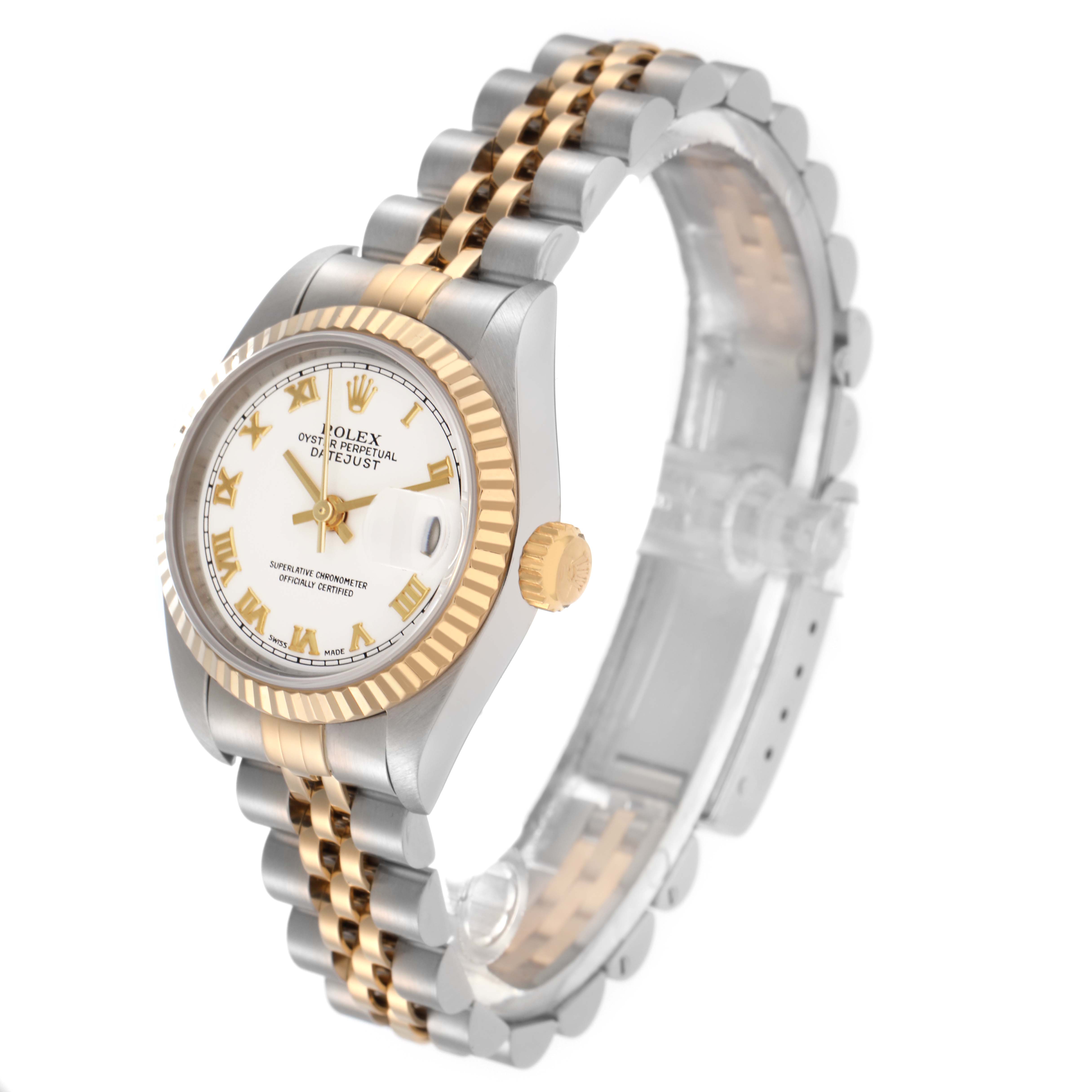 The Rolex Datejust 79173 Women
s Steel and Gold (two tone) White Dial 79173 Women
s Steel and Gold (two tone) White Dial is shown at a three-quarter angle, highlighting the dial, bezel, crown, and two-tone bracelet.