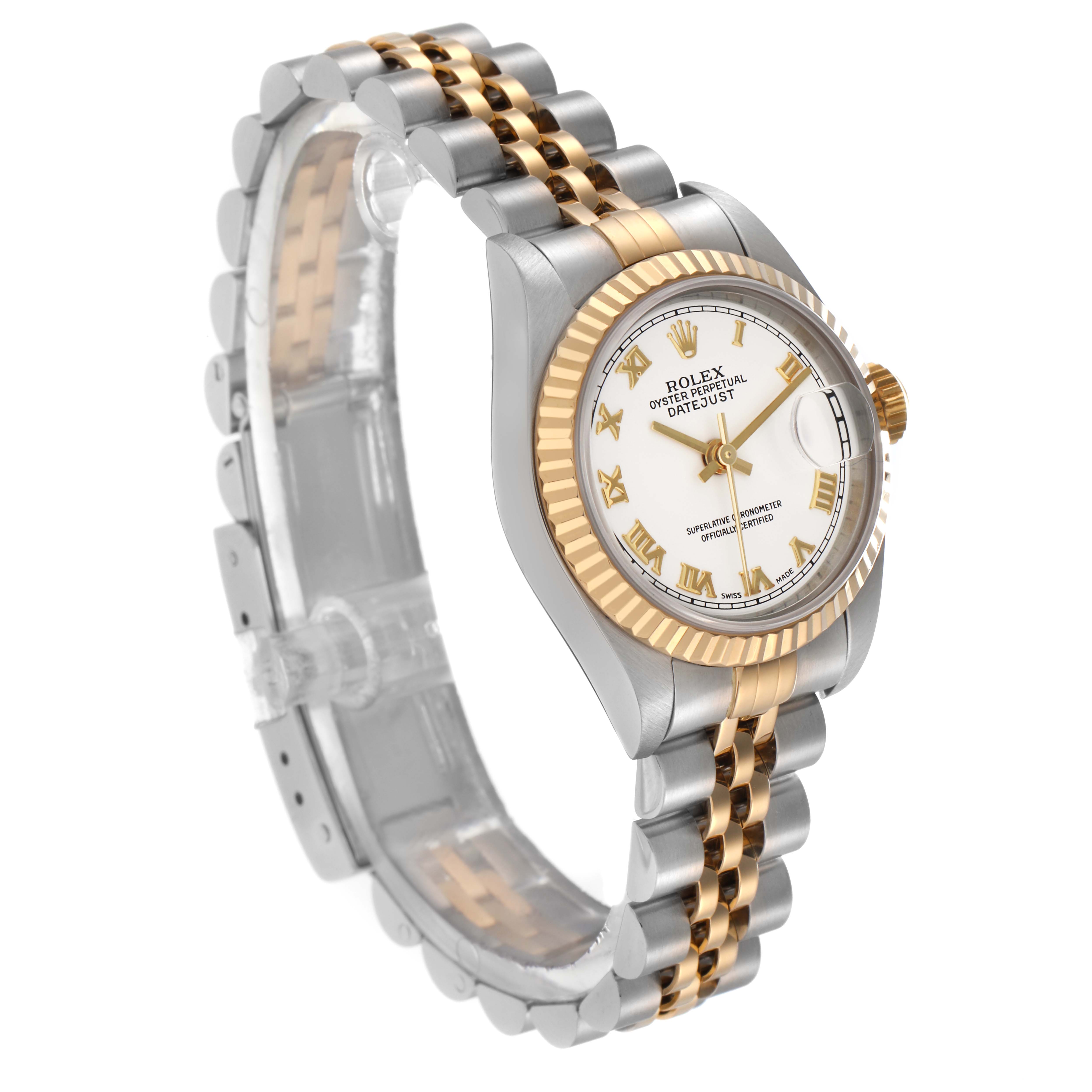 The Rolex Datejust 79173 Women
s Steel and Gold (two tone) White Dial 79173 Women
s Steel and Gold (two tone) White Dial watch is shown at a three-quarter angle, displaying the face, bezel, crown, and two-tone bracelet.
