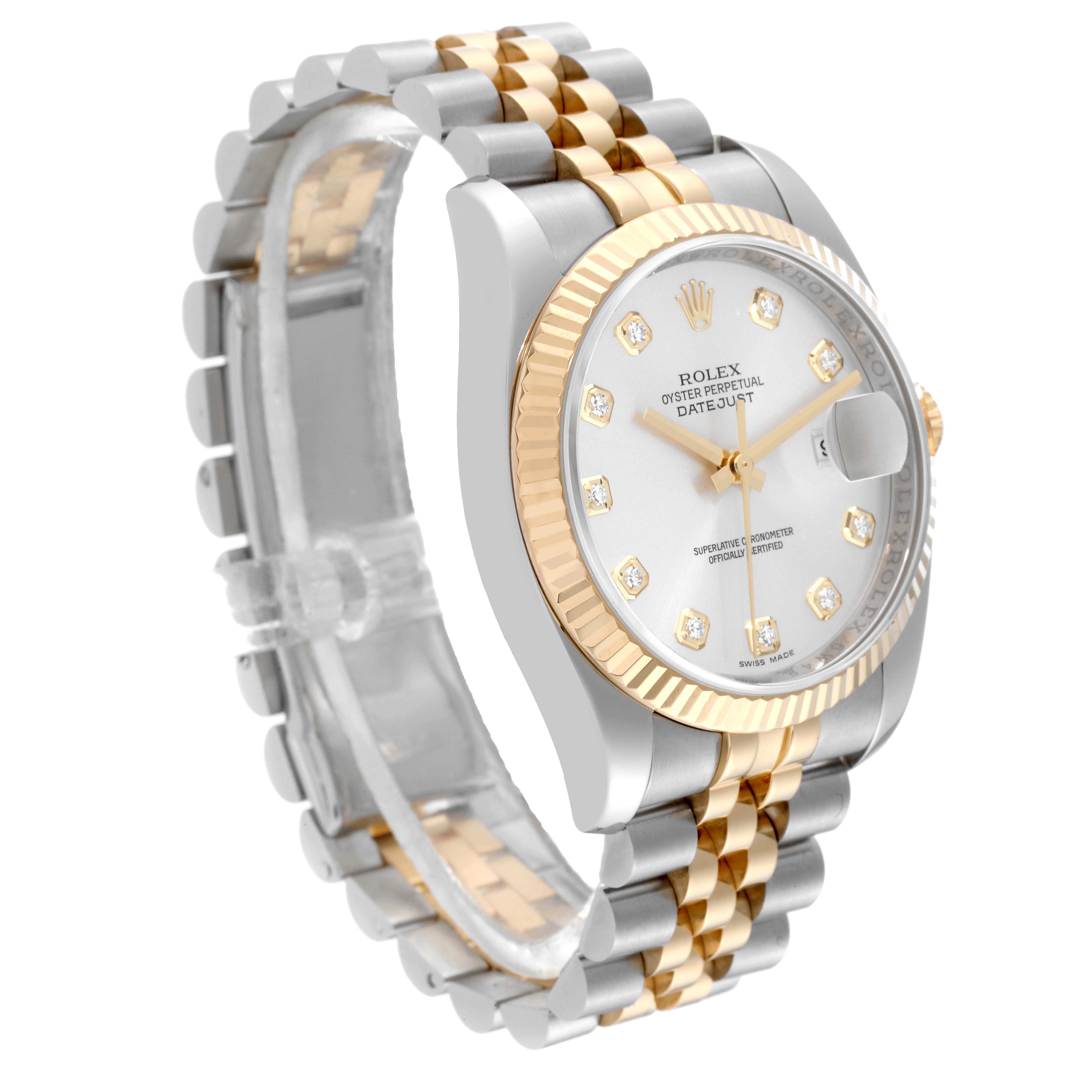 This image shows a side angle view of the Rolex Datejust 116233 Men's Steel and Gold (two tone) Silver Dial 116233 Men's Steel and Gold (two tone) Silver Dial, highlighting its dial, bezel, and bracelet.