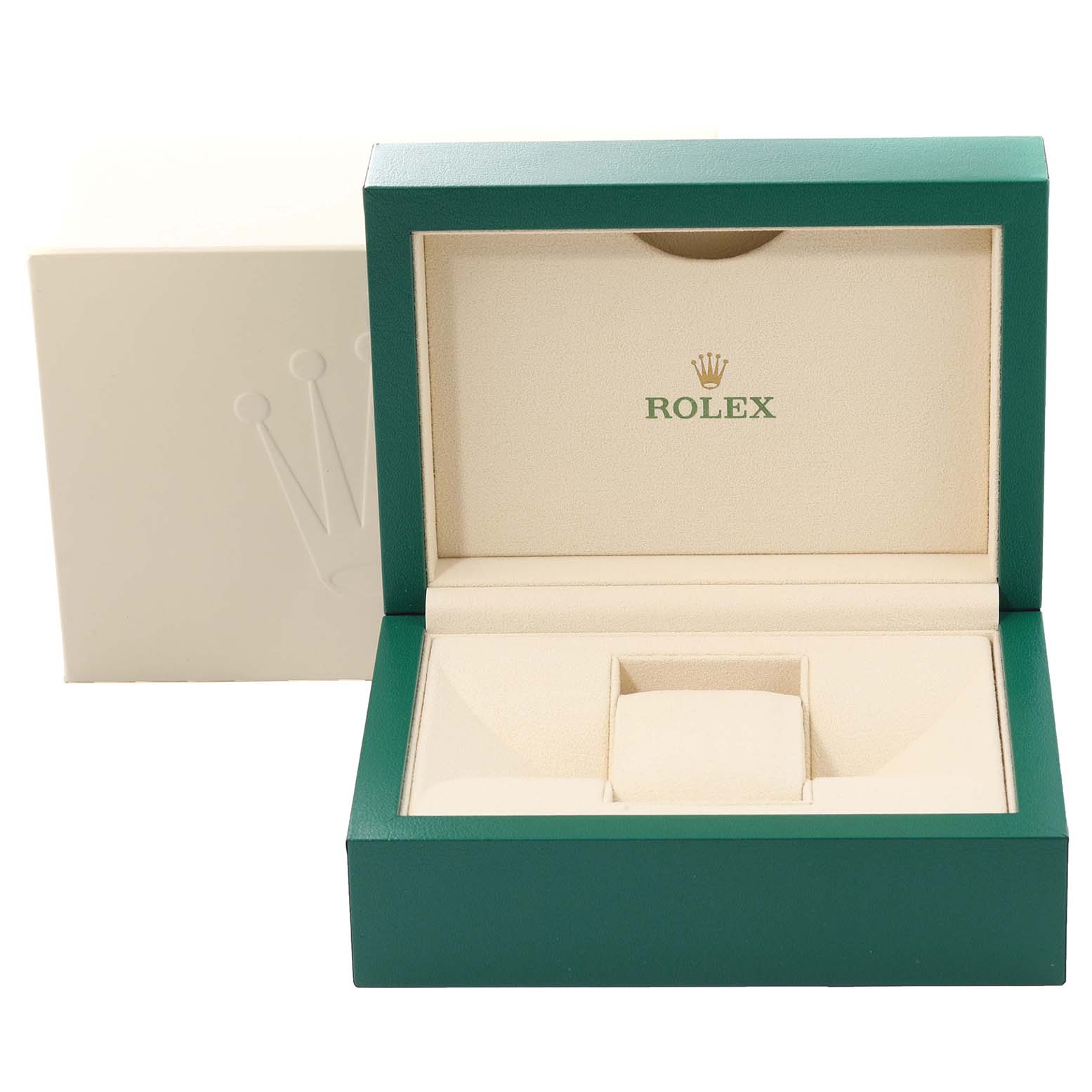 This image shows an open Rolex Datejust 116233 Men's Steel and Gold (two tone) Silver Dial 116233 Men's Steel and Gold (two tone) Silver Dial watch box with green and beige interior and the Rolex logo inside.
