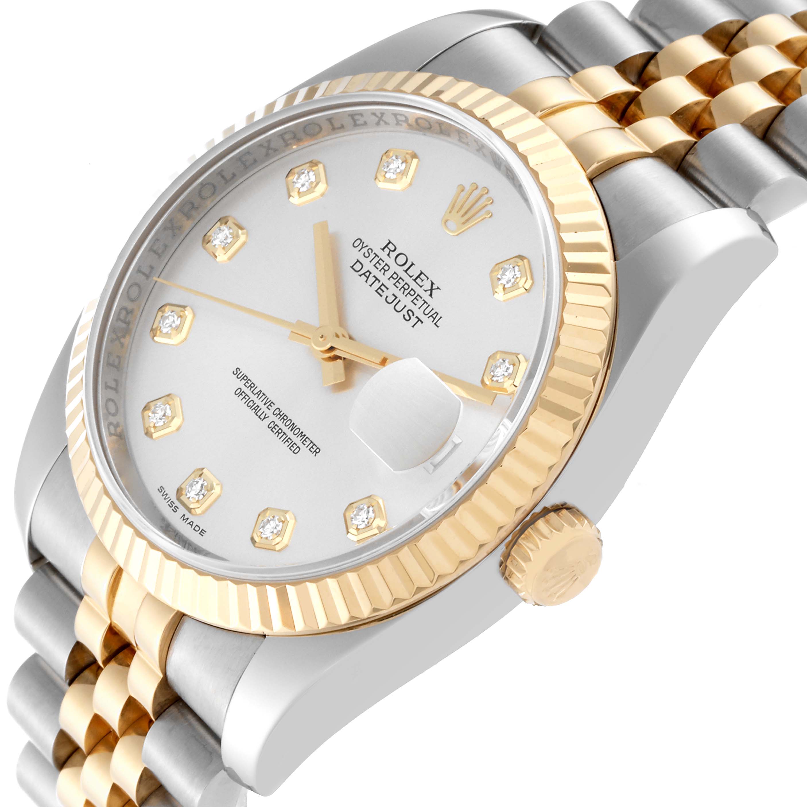 The Rolex Datejust 116233 Men's Steel and Gold (two tone) Silver Dial 116233 Men's Steel and Gold (two tone) Silver Dial watch is shown at a side angle, highlighting the fluted bezel, dial, diamond hour markers, crown, and bracelet.