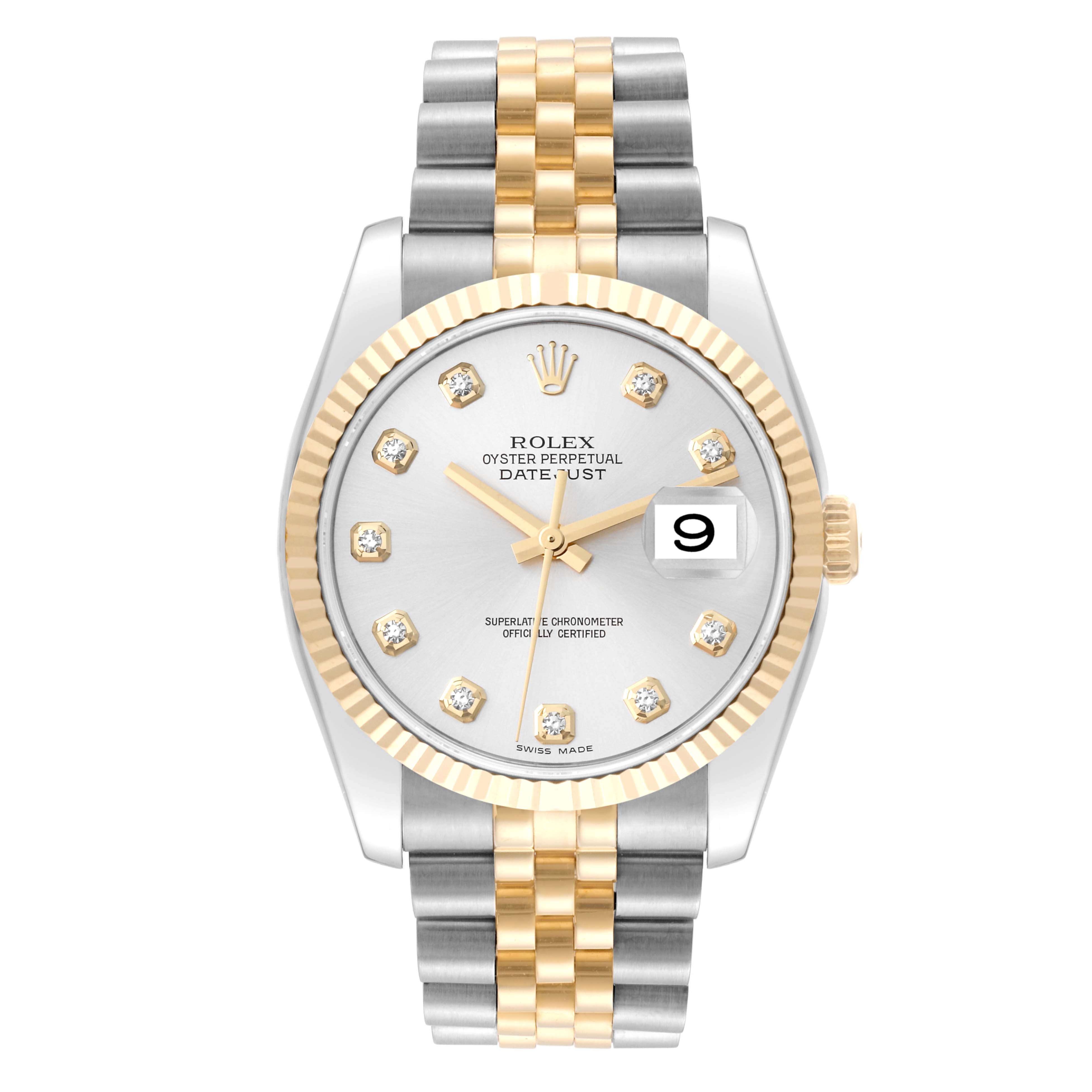 This Rolex Datejust 116233 Men's Steel and Gold (two tone) Silver Dial 116233 Men's Steel and Gold (two tone) Silver Dial watch is shown from a straight-on angle featuring the face, bezel, and bracelet.