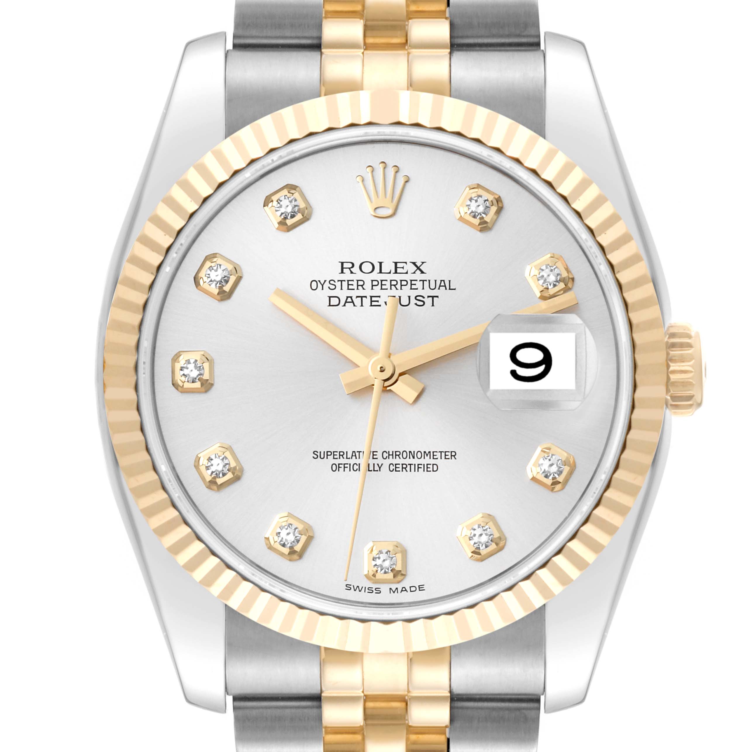 The image shows the face and partial bracelet of a Rolex Datejust 116233 Men's Steel and Gold (two tone) Silver Dial 116233 Men's Steel and Gold (two tone) Silver Dial watch, featuring a silver dial with diamond hour markers and a gold bezel.