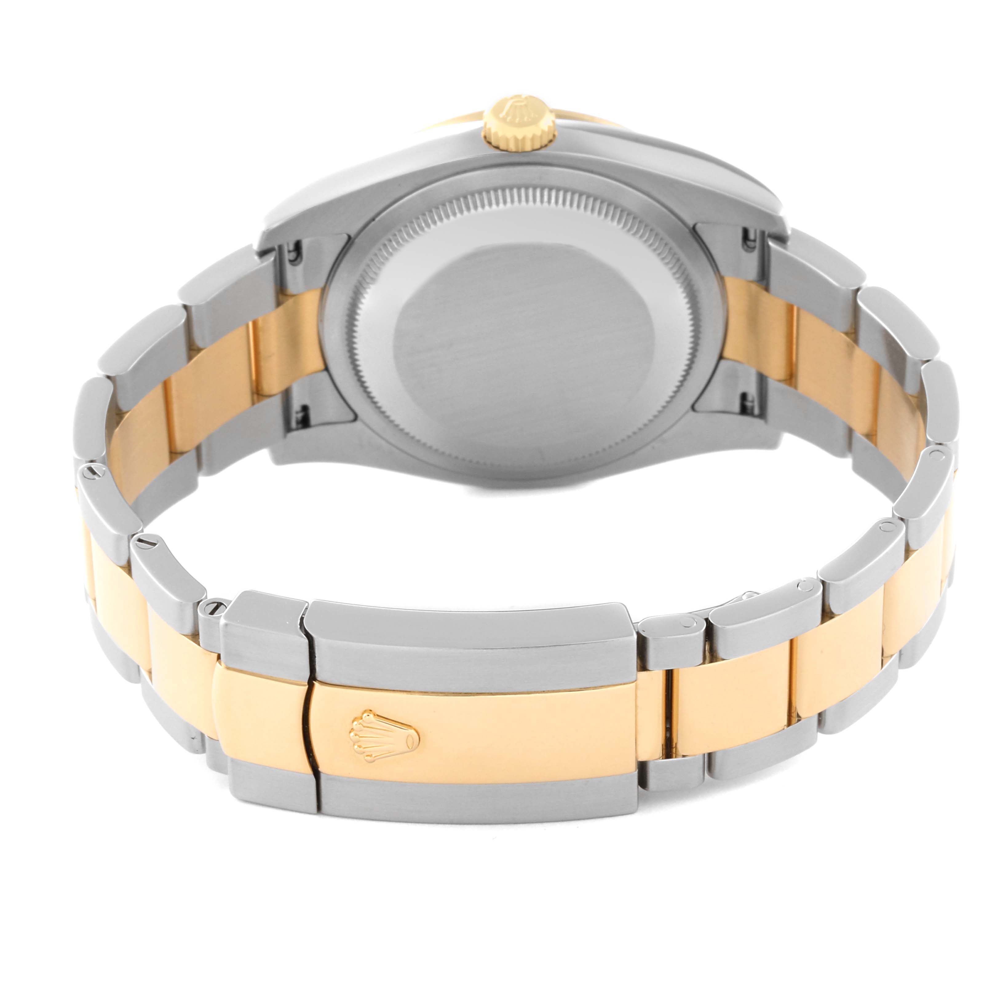 This is a rear view of the Rolex Datejust 116243 Men's Steel and Gold (two tone) White Dial 116243 Men's Steel and Gold (two tone) White Dial watch showing the case back, bracelet, and clasp.