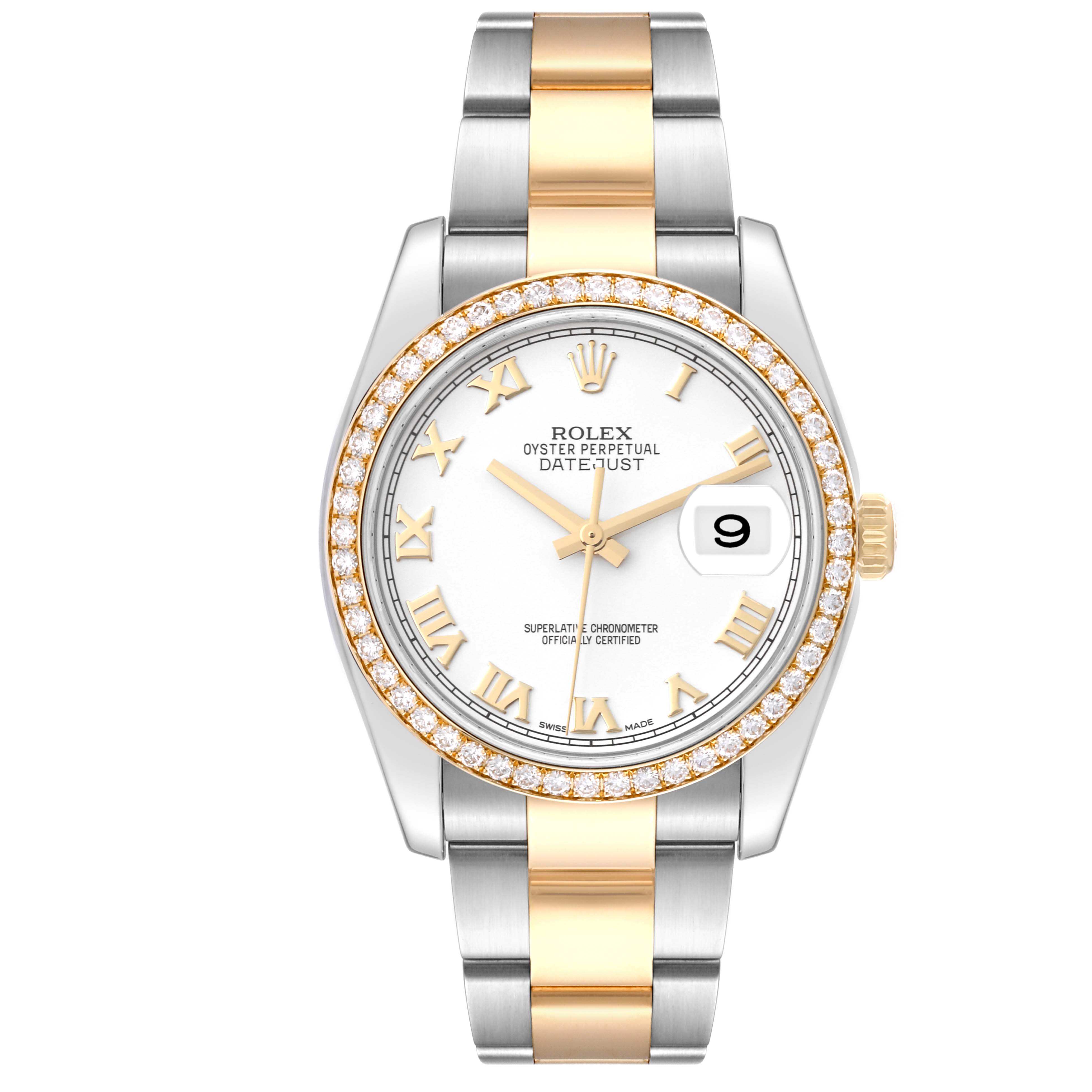 This is a front view of the Rolex Datejust 116243 Men's Steel and Gold (two tone) White Dial 116243 Men's Steel and Gold (two tone) White Dial watch, showing its dial, bezel, and bracelet clearly.
