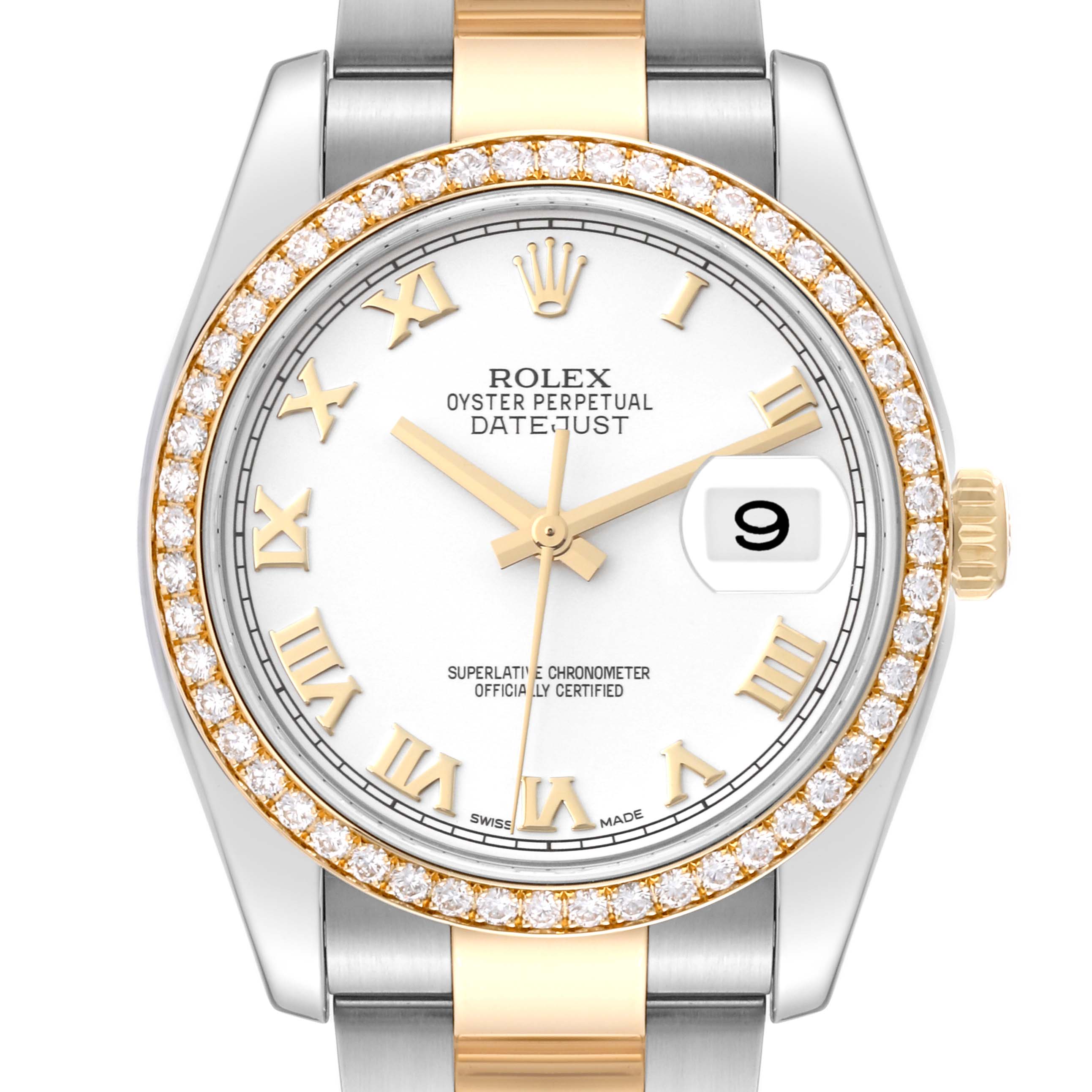 The image shows a frontal view of a Rolex Datejust 116243 Men's Steel and Gold (two tone) White Dial 116243 Men's Steel and Gold (two tone) White Dial watch featuring a diamond bezel and a two-tone bracelet.