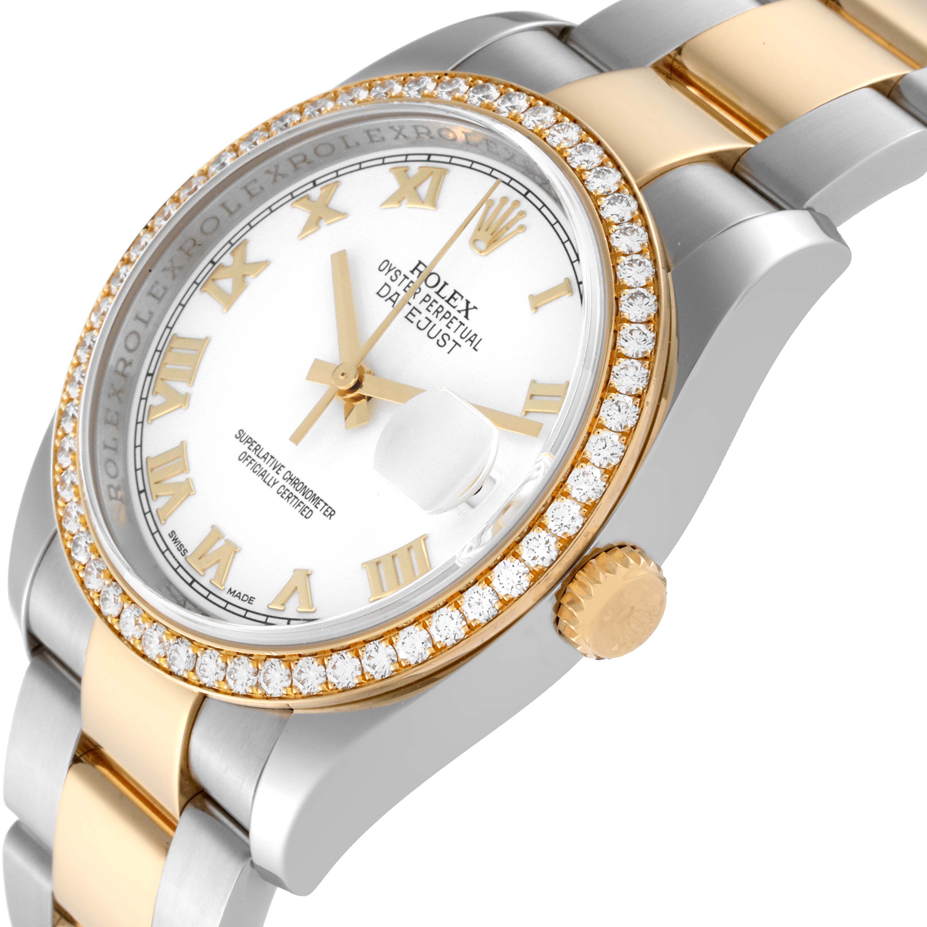 This image shows a side angle of a Rolex Datejust 116243 Men's Steel and Gold (two tone) White Dial 116243 Men's Steel and Gold (two tone) White Dial watch, highlighting its diamond-studded bezel, white dial, and two-tone bracelet.