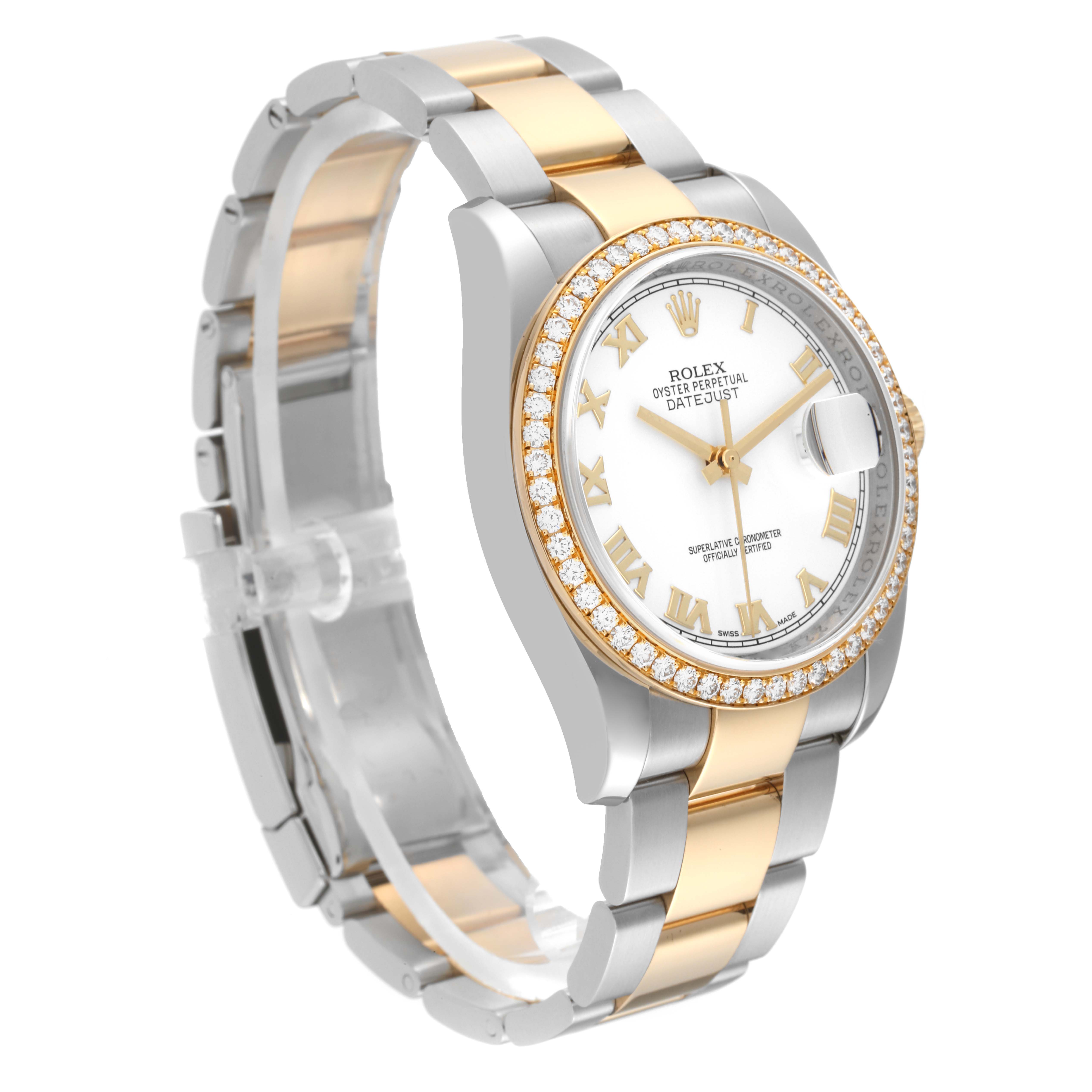 This image shows a Rolex Datejust 116243 Men's Steel and Gold (two tone) White Dial 116243 Men's Steel and Gold (two tone) White Dial watch at a side angle, highlighting its two-tone bracelet and diamond-encrusted bezel.