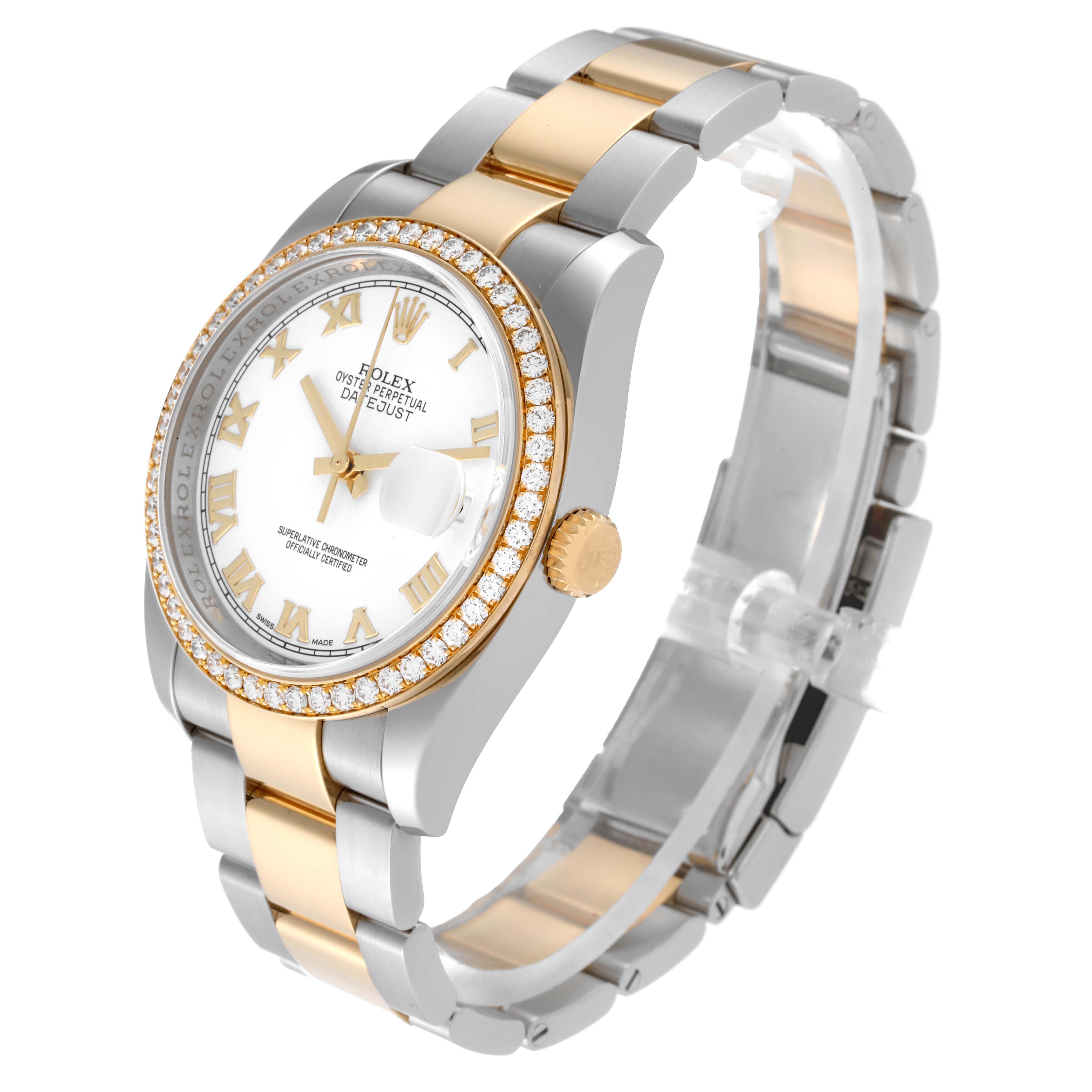 The Rolex Datejust 116243 Men's Steel and Gold (two tone) White Dial 116243 Men's Steel and Gold (two tone) White Dial watch is shown at a three-quarter angle, displaying the face, bezel, crown, and bracelet.