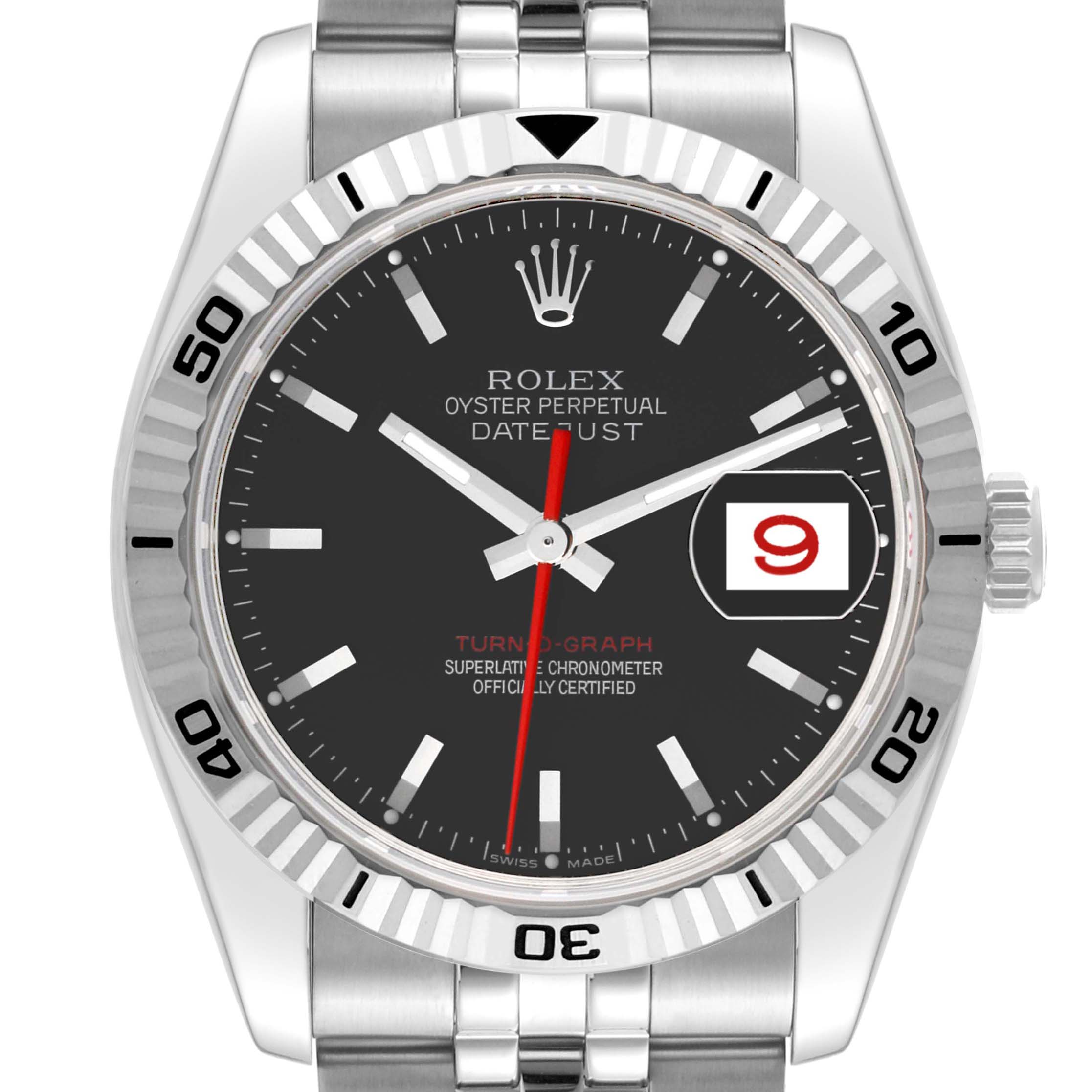 The image shows the front view of a Rolex Turn-o-Graph 116264 Men's Stainless Steel Black Dial 116264 Men's Stainless Steel Black Dial watch, highlighting its black dial, date display, rotating bezel, and stainless steel bracelet.