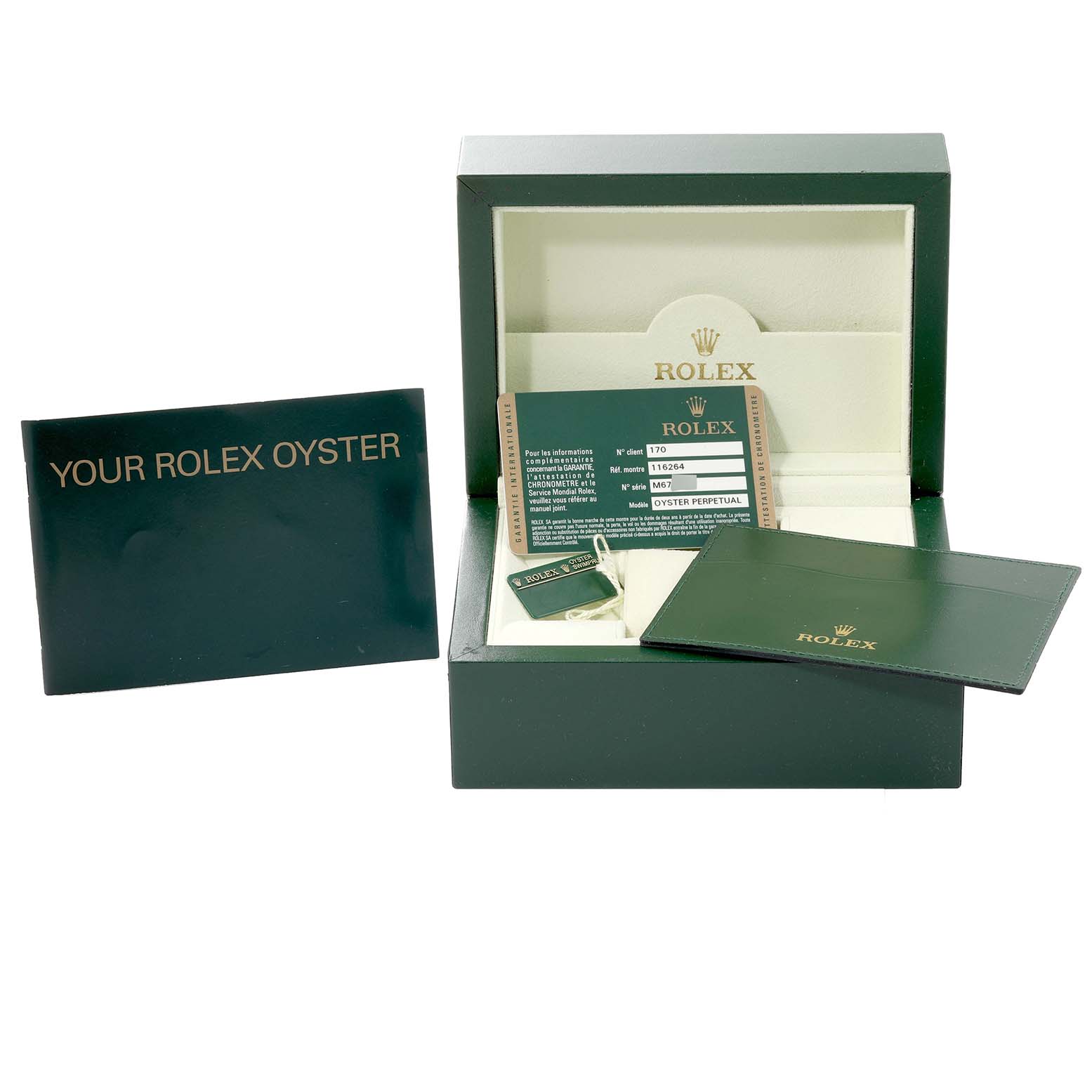 The image shows a Rolex Turn-o-Graph 116264 Men's Stainless Steel Black Dial 116264 Men's Stainless Steel Black Dial model box set with warranty cards, booklet, and tags.