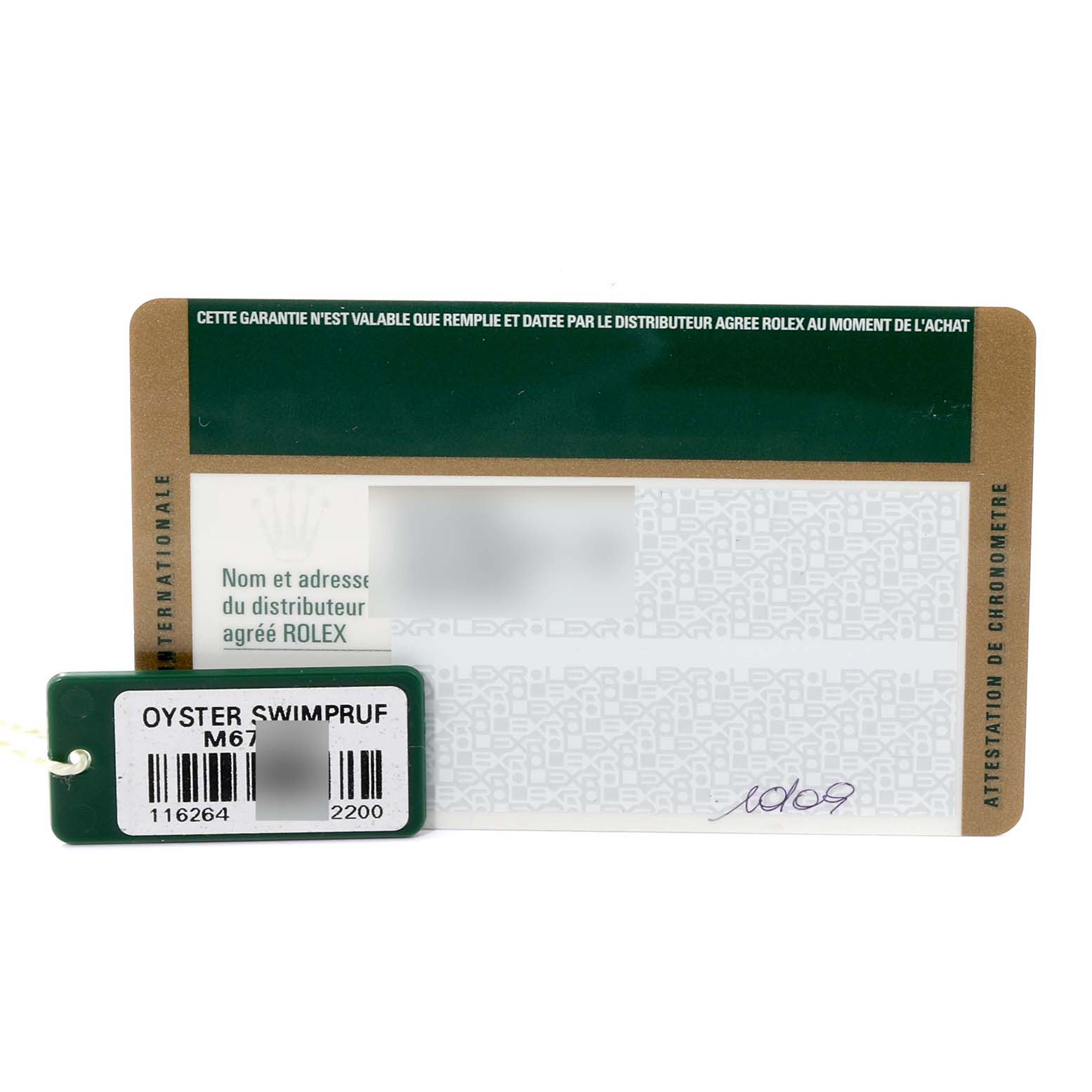 The image shows the warranty card and tag for a Rolex Turn-o-Graph 116264 Men's Stainless Steel Black Dial 116264 Men's Stainless Steel Black Dial watch.