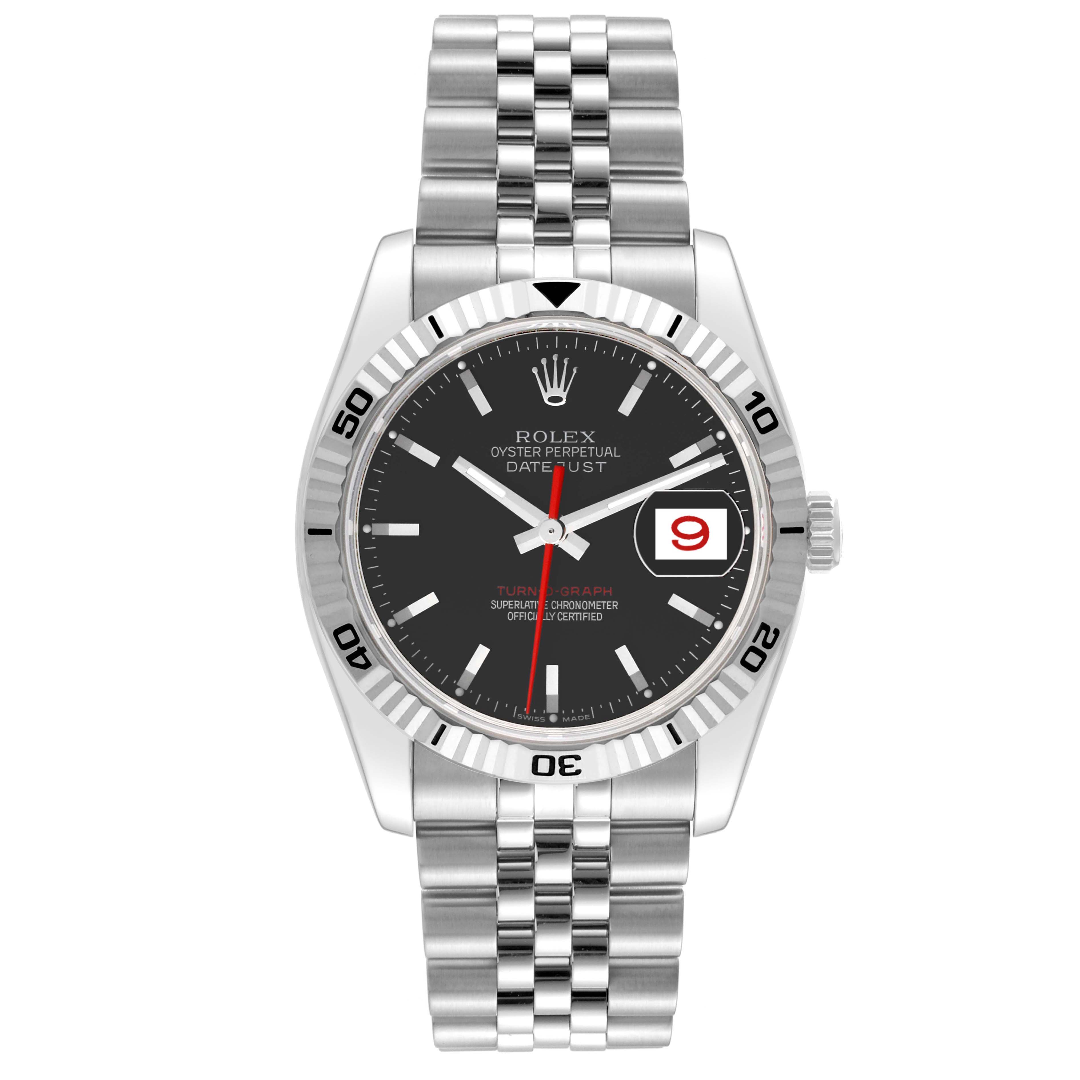 This is a front view of a Rolex Turn-o-Graph 116264 Men's Stainless Steel Black Dial 116264 Men's Stainless Steel Black Dial watch, showing the face, bezel, and bracelet.
