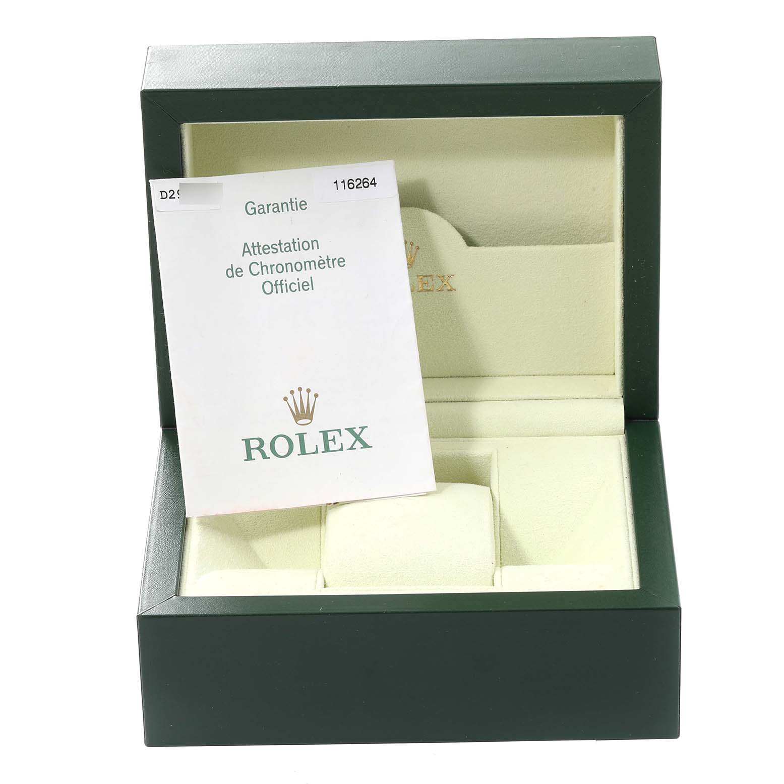 The image shows an open green Rolex Datejust 116264 Men's Stainless Steel Blue Dial 116264 Men's Stainless Steel Blue Dial watch box with the warranty booklet inside.