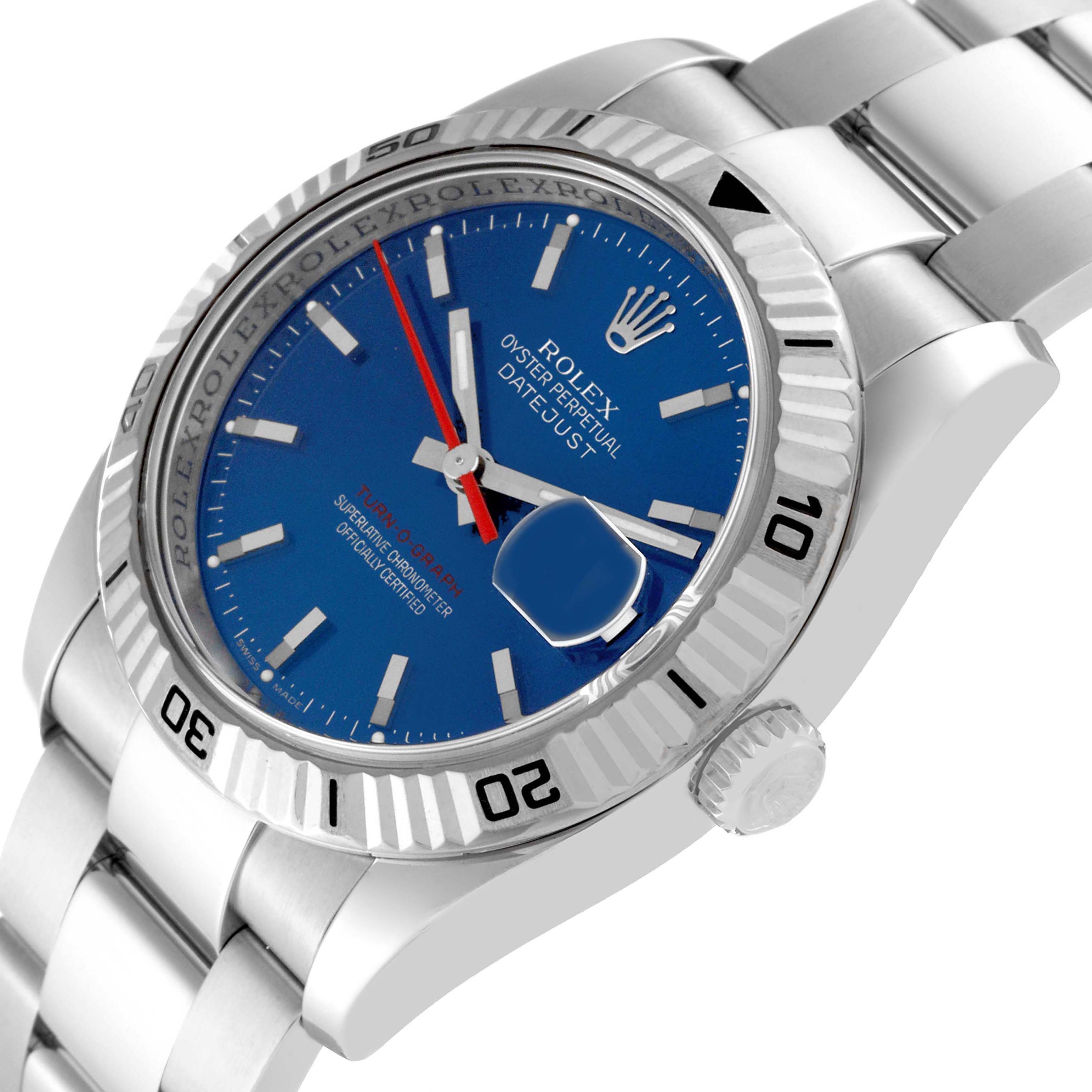 This image shows a close-up angled view of a Rolex Datejust 116264 Men's Stainless Steel Blue Dial 116264 Men's Stainless Steel Blue Dial watch, highlighting its blue dial, bezel, and part of the silver bracelet.
