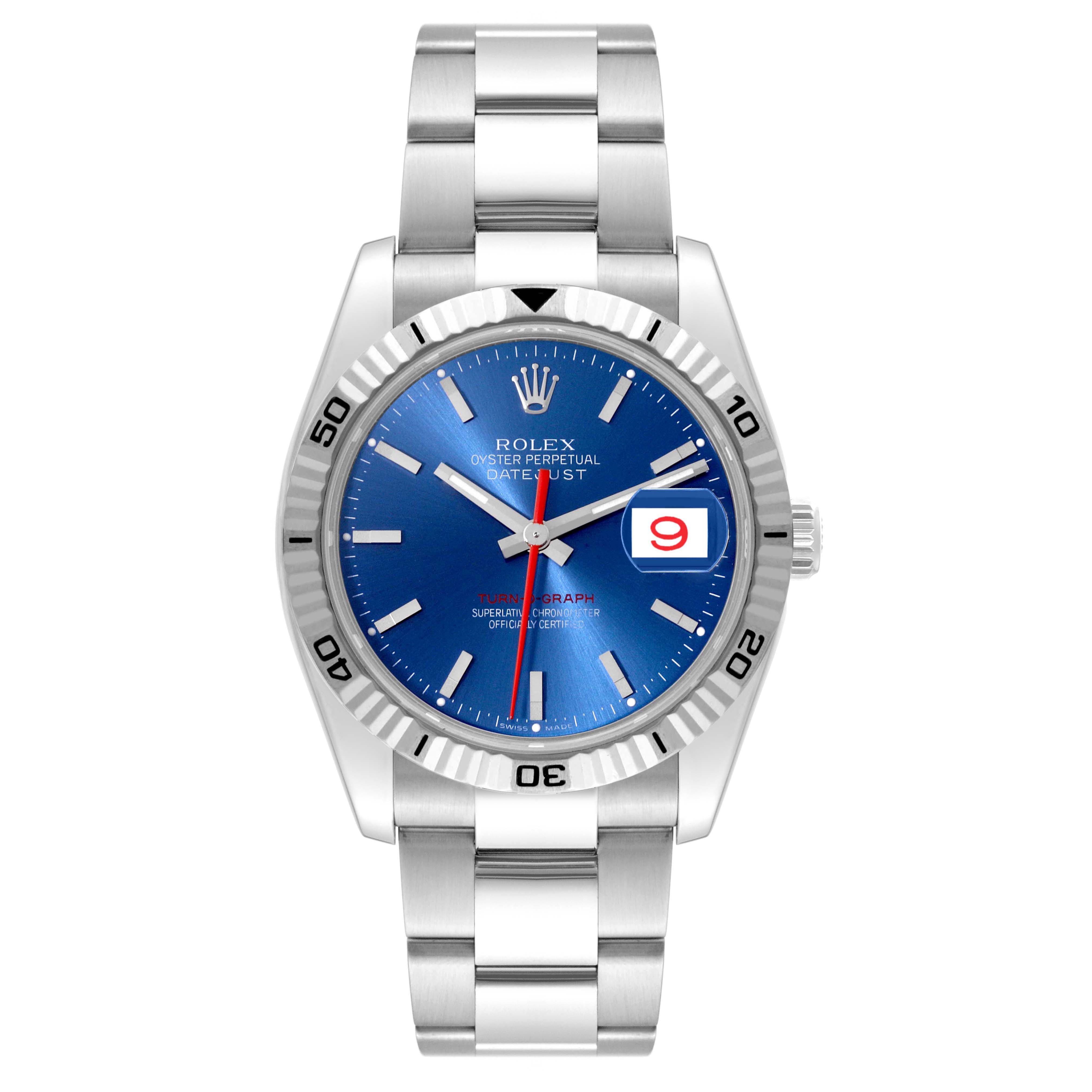 This image shows a frontal view of a Rolex Datejust 116264 Men's Stainless Steel Blue Dial 116264 Men's Stainless Steel Blue Dial watch, displaying its blue dial, fluted bezel, and stainless steel bracelet.