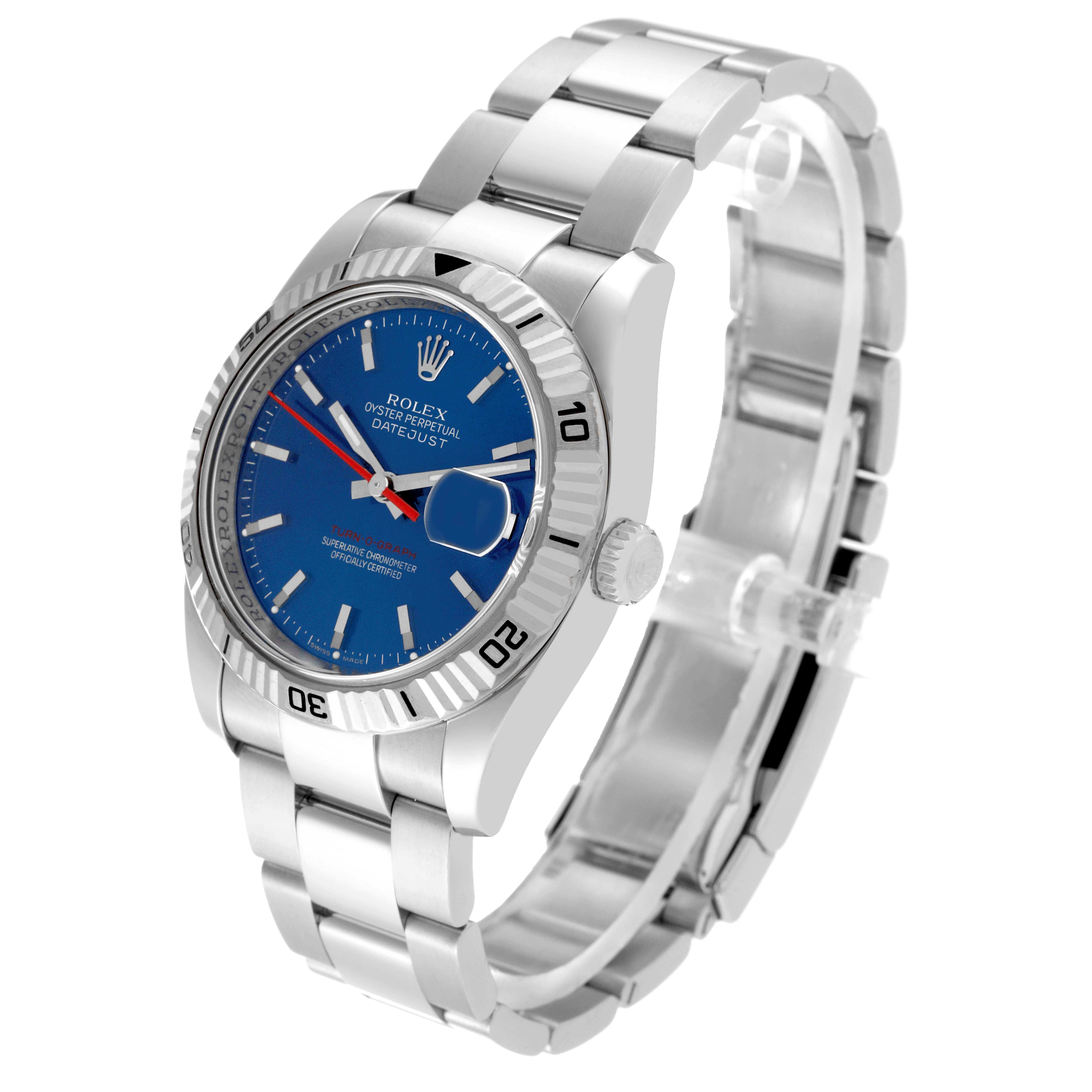The Rolex Datejust 116264 Men's Stainless Steel Blue Dial 116264 Men's Stainless Steel Blue Dial watch is shown at a slight angle from the front, displaying the face, bezel, crown, and bracelet.