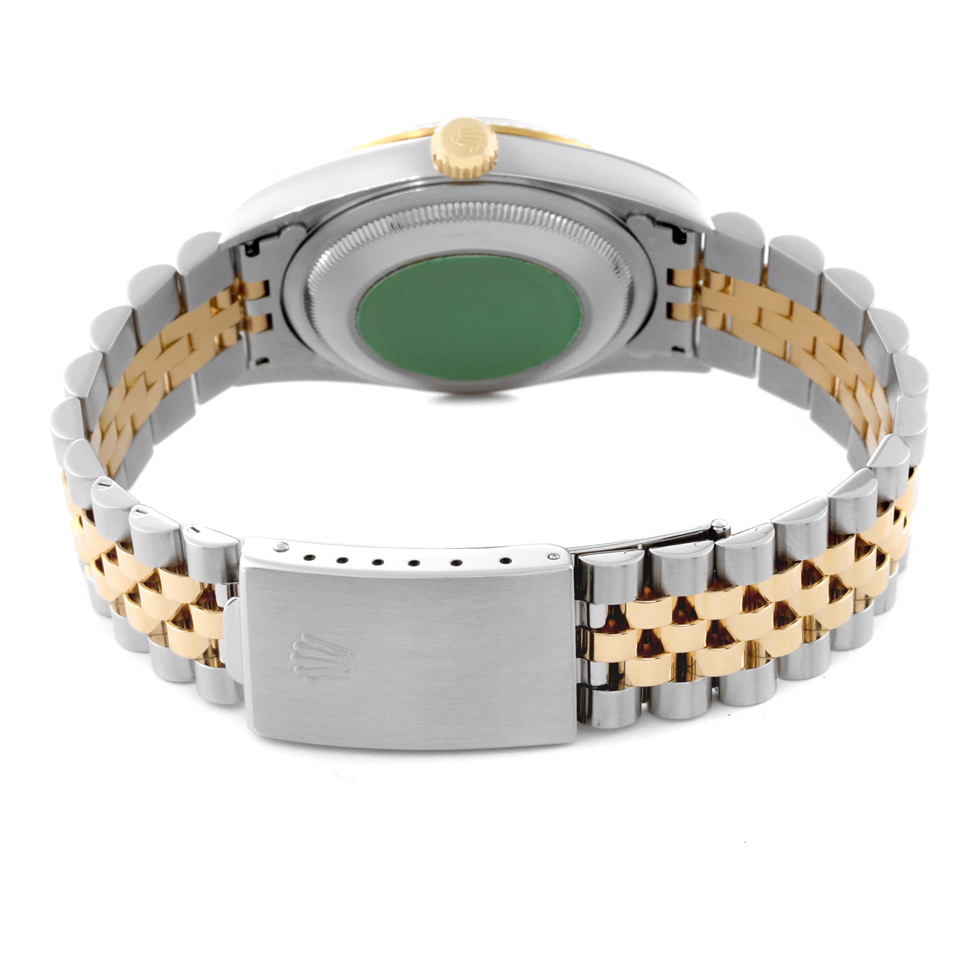 The image shows the back view of a Rolex Datejust 16233 Men's Steel and Gold (two tone) Blue Dial 16233 Men's Steel and Gold (two tone) Blue Dial watch, focusing on the case back and Jubilee bracelet with a two-tone design.