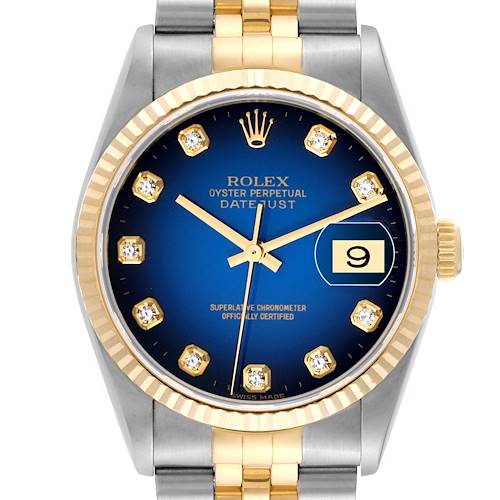 The image shows a Rolex Datejust watch from the front, highlighting its dial, bezel, crown, and part of the bracelet.