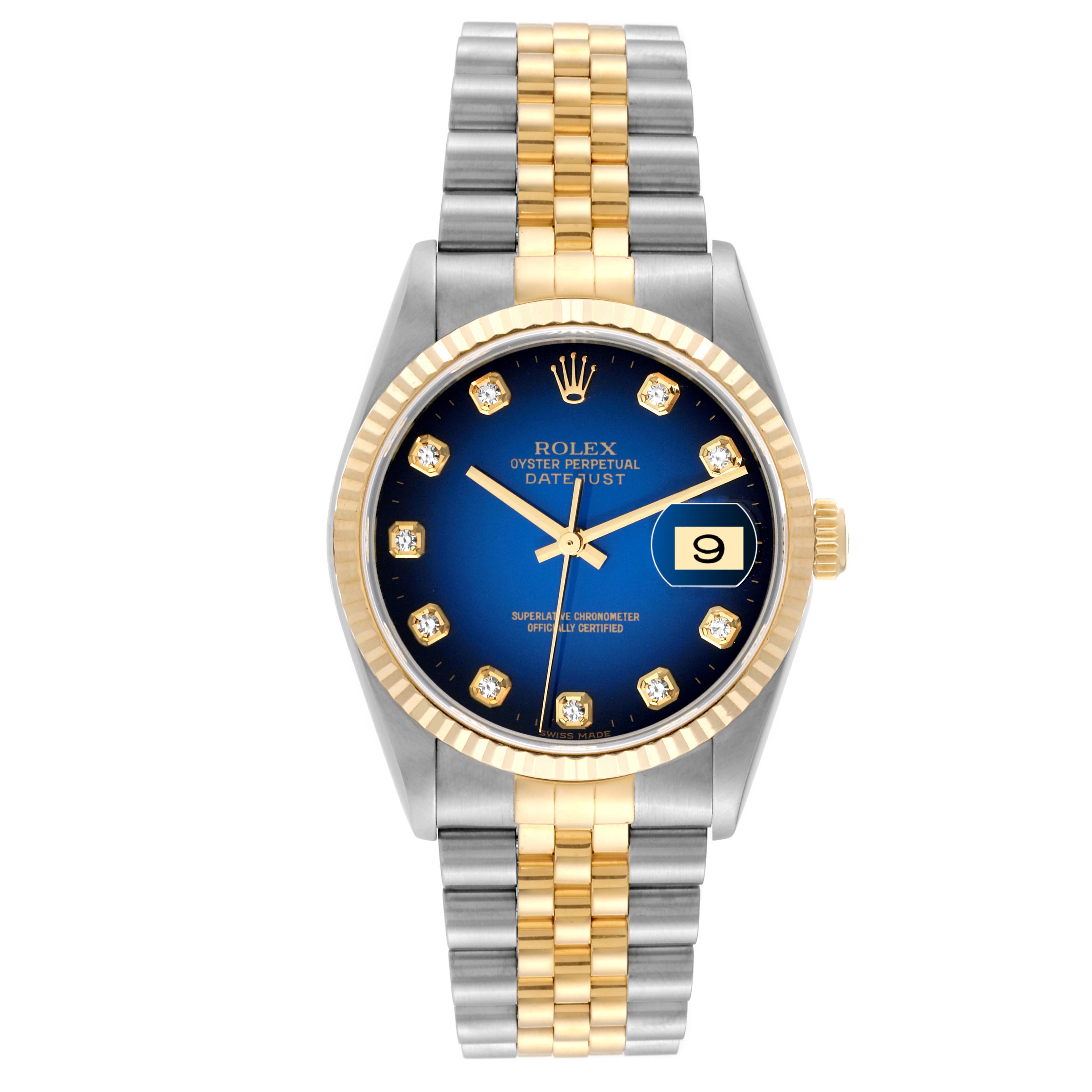 This image shows the Rolex Datejust 16233 Men's Steel and Gold (two tone) Blue Dial 16233 Men's Steel and Gold (two tone) Blue Dial watch from the front, highlighting its blue dial, two-tone bracelet, and date window.