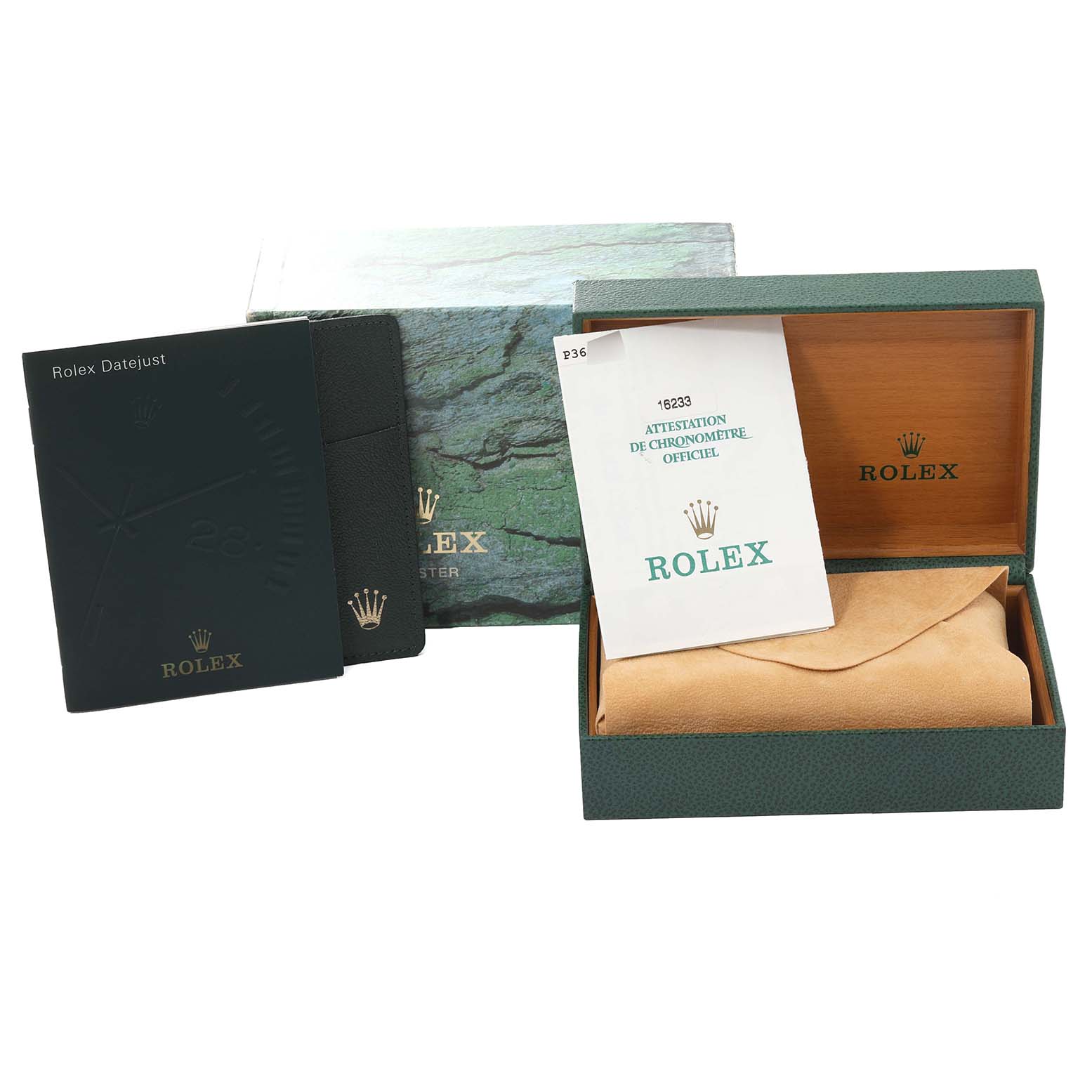 The image shows the packaging and documentation for the Rolex Datejust 16233 Men's Steel and Gold (two tone) Blue Dial 16233 Men's Steel and Gold (two tone) Blue Dial model, including the box, warranty card, and certification papers.