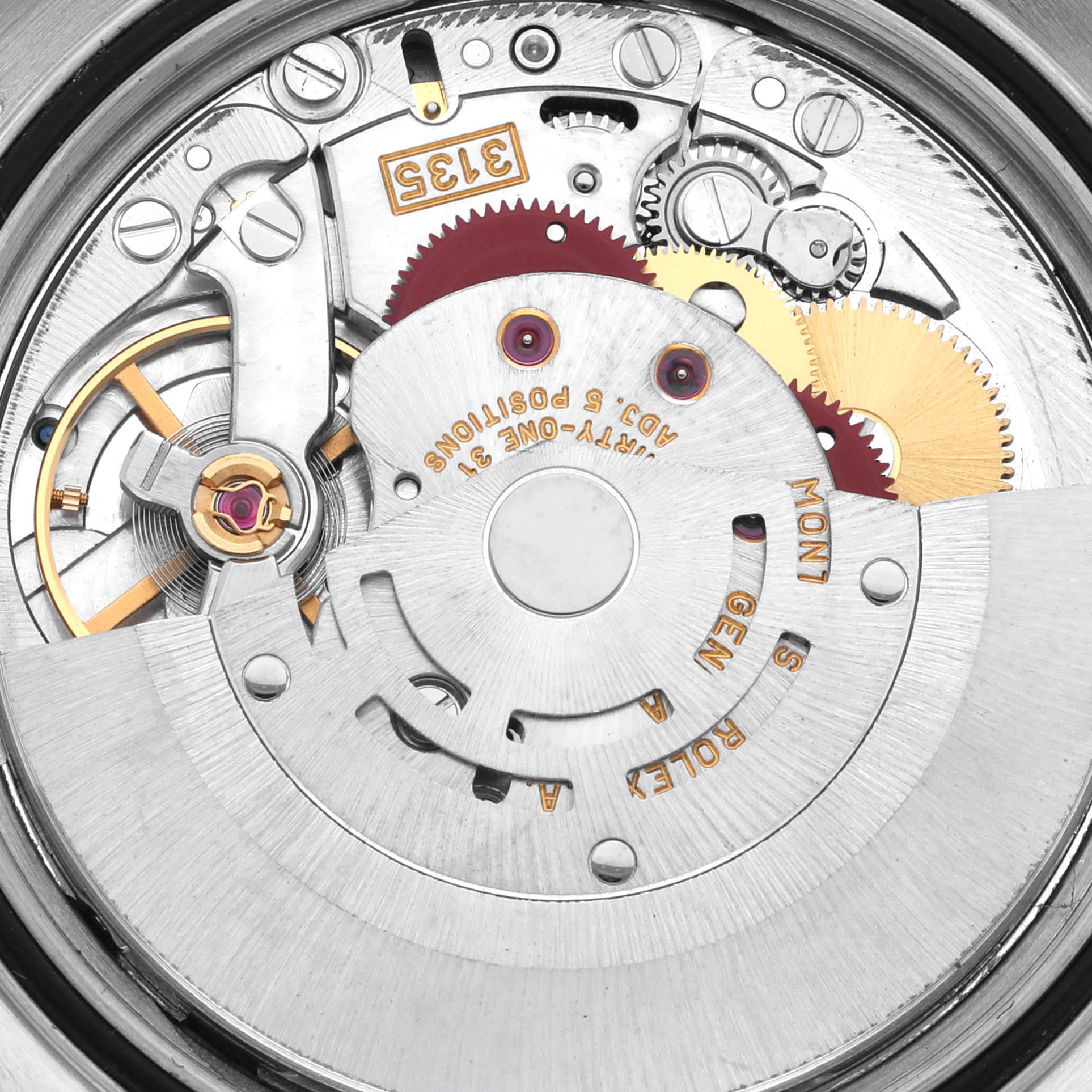 The image shows a close-up of the movement mechanism inside the Rolex Datejust 16233 Men's Steel and Gold (two tone) Blue Dial 16233 Men's Steel and Gold (two tone) Blue Dial watch.