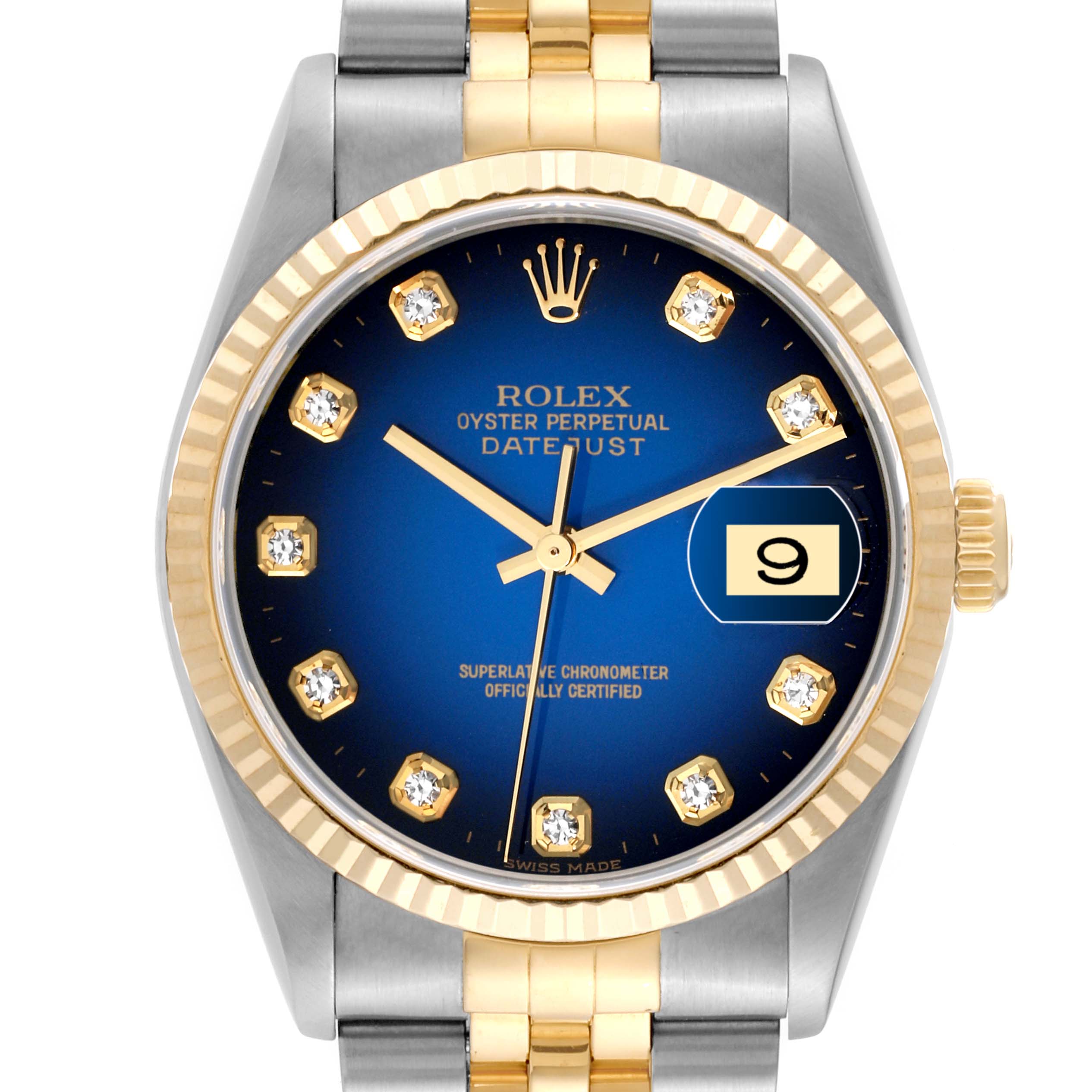 This image shows a front view of a Rolex Datejust 16233 Men's Steel and Gold (two tone) Blue Dial 16233 Men's Steel and Gold (two tone) Blue Dial watch with a two-tone bracelet and a blue dial.