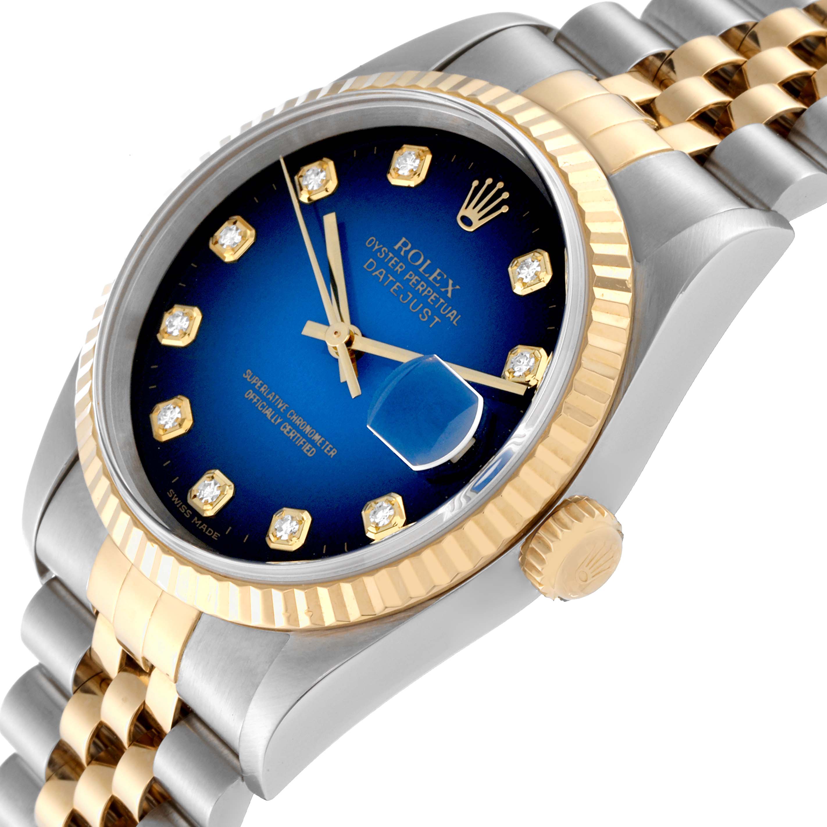 The image shows a Rolex Datejust 16233 Men's Steel and Gold (two tone) Blue Dial 16233 Men's Steel and Gold (two tone) Blue Dial watch angled from the side, displaying the face, bezel, crown, and part of the bracelet.