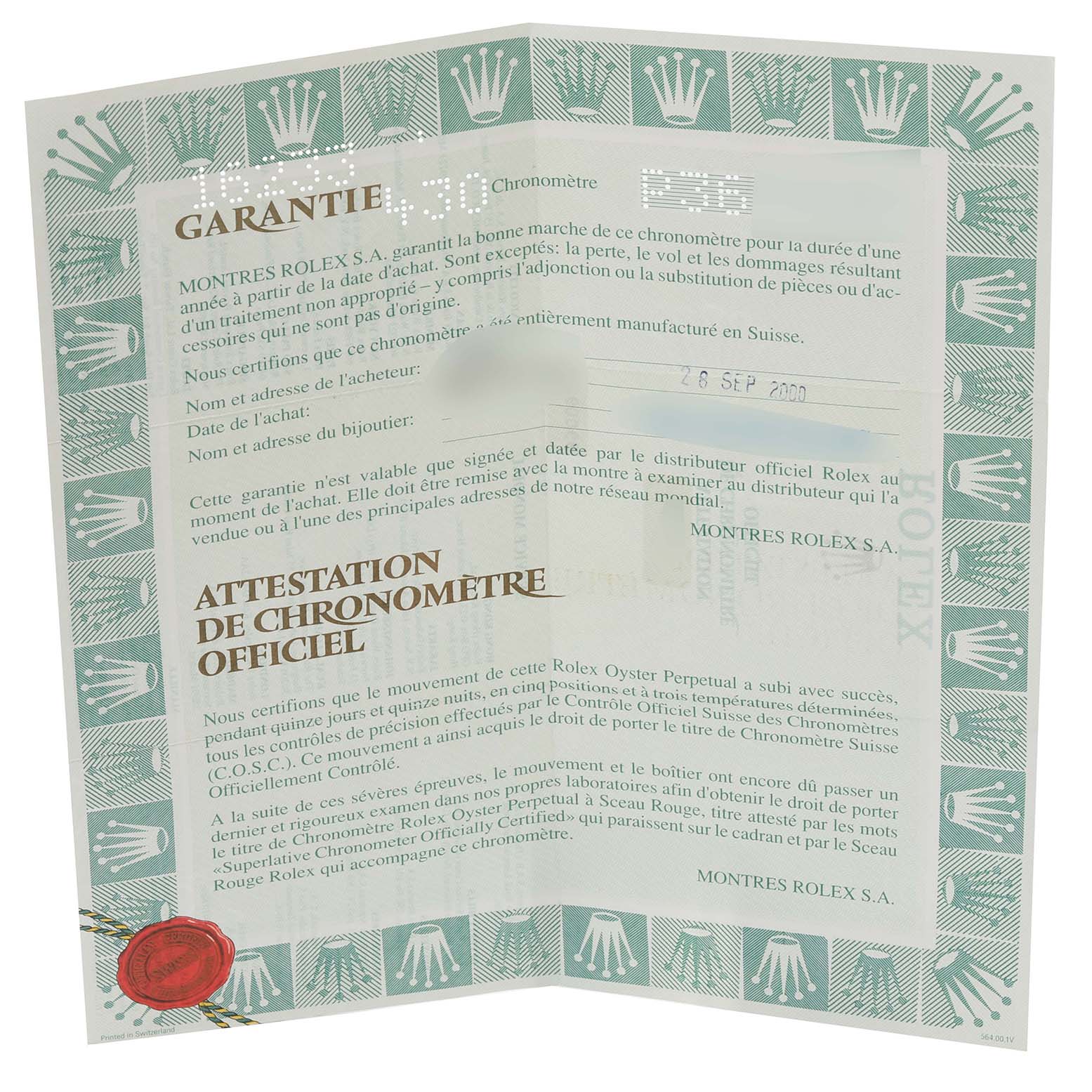 The image shows the warranty and official chronometer certification for a Rolex Datejust 16233 Men's Steel and Gold (two tone) Blue Dial 16233 Men's Steel and Gold (two tone) Blue Dial model.