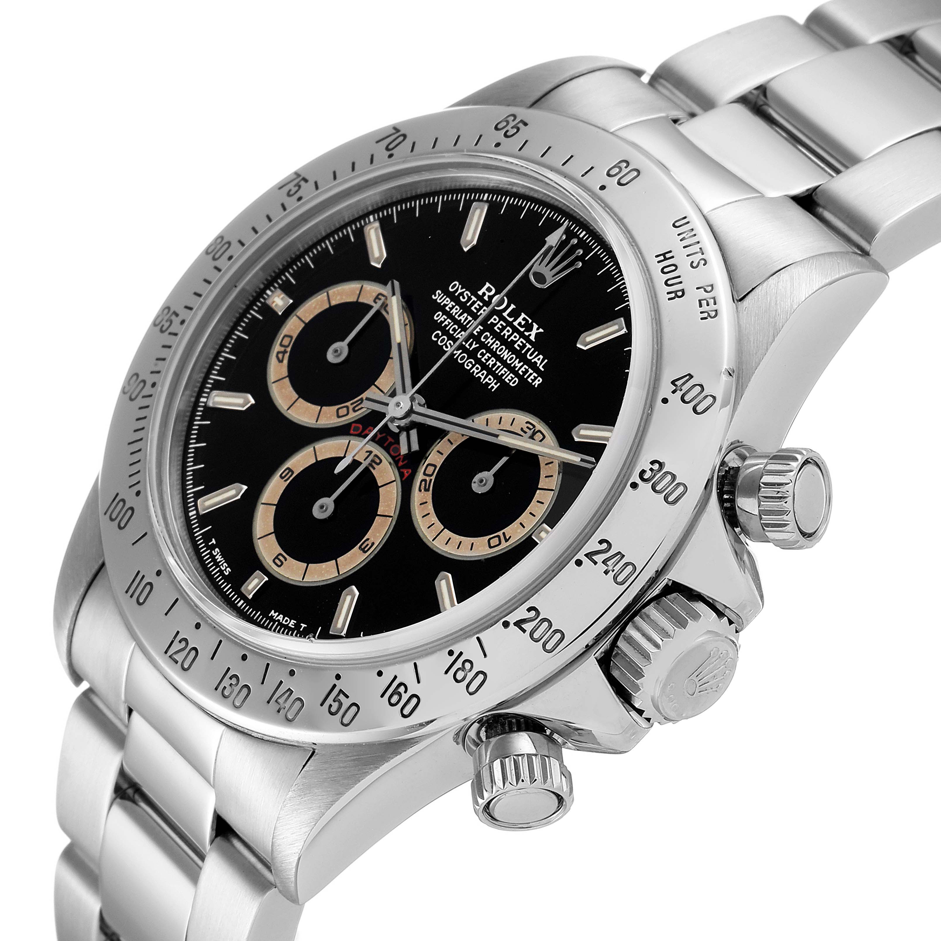 The image shows a side angle of the Rolex Daytona 16520 Men's Stainless Steel Black Dial 16520 Men's Stainless Steel Black Dial watch, highlighting its bezel, crown, and bracelet.