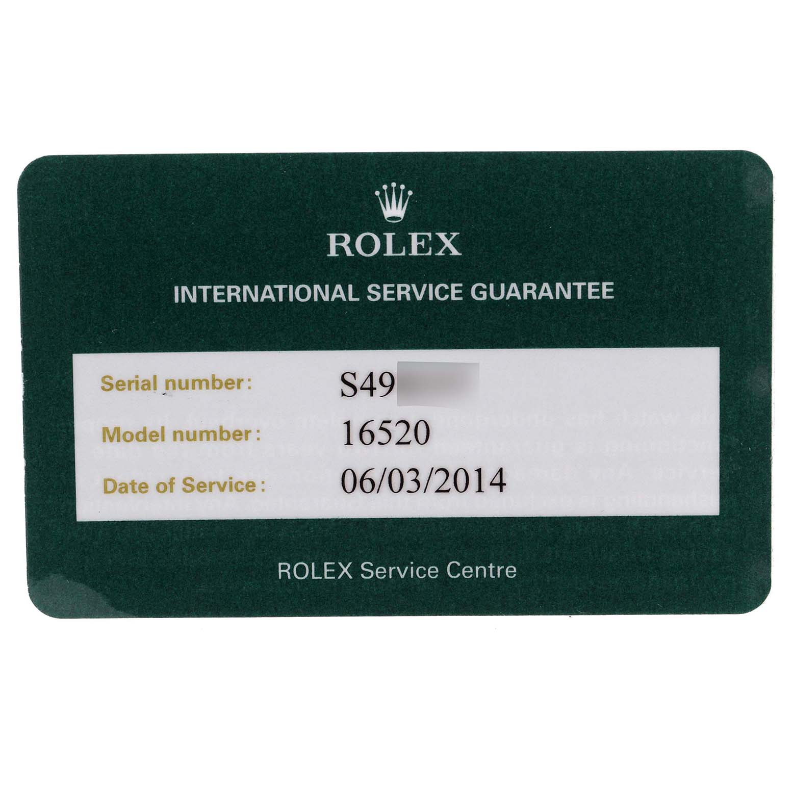 This is an image of the Rolex Daytona 16520 Men's Stainless Steel Black Dial 16520 Men's Stainless Steel Black Dial model 16520 International Service Guarantee card.