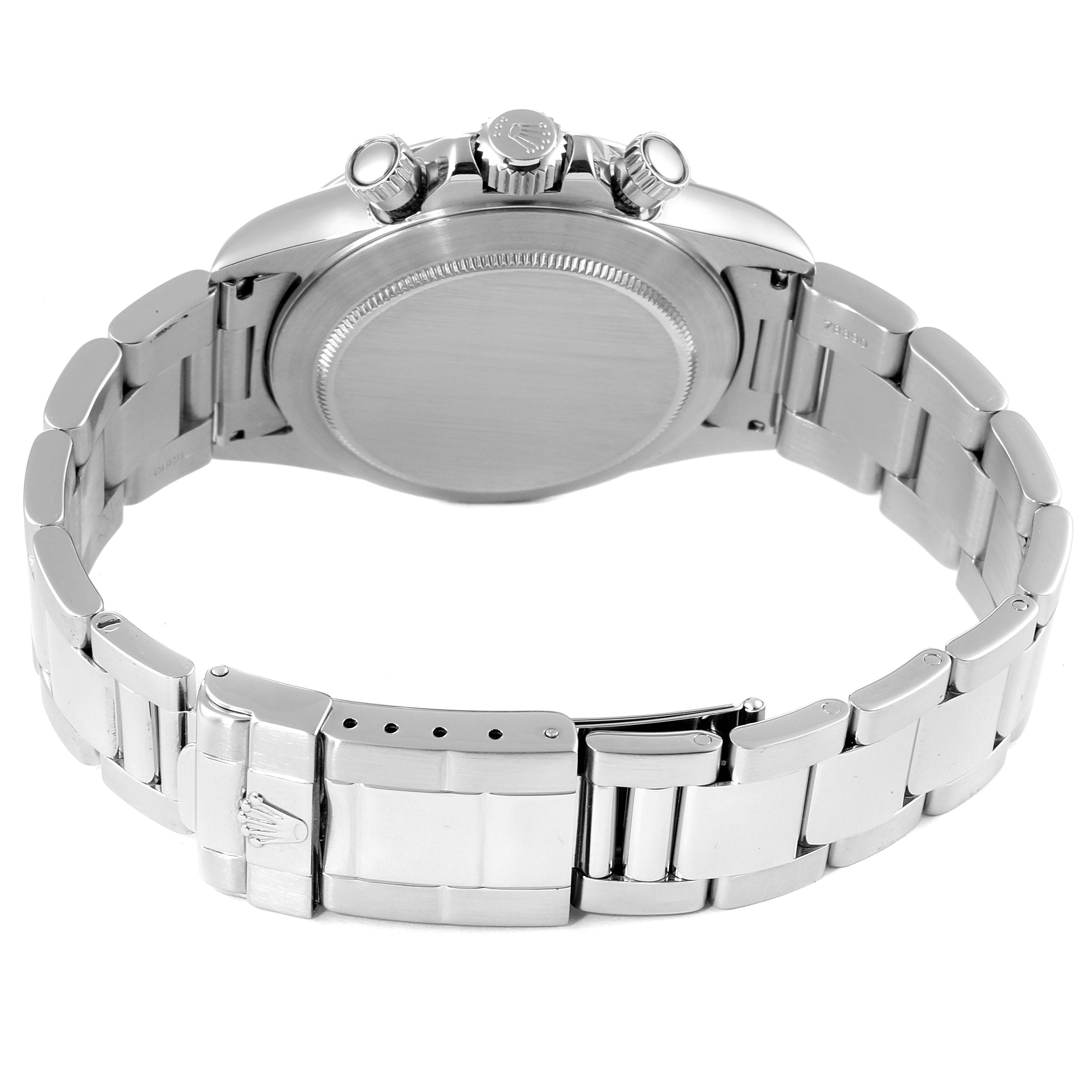 The image shows the back case, bracelet, clasp, and side buttons of a Rolex Daytona 16520 Men's Stainless Steel Black Dial 16520 Men's Stainless Steel Black Dial watch.