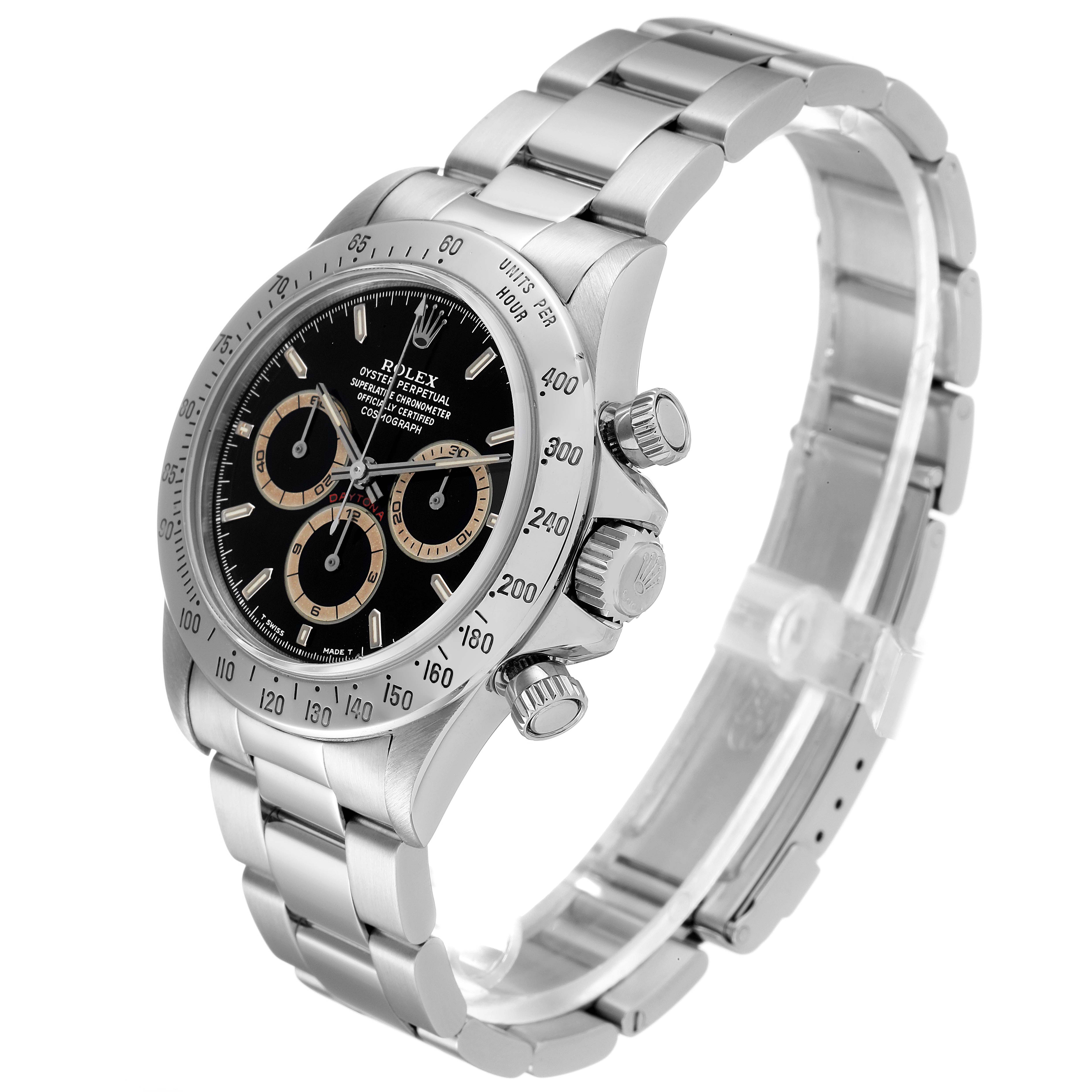 The image shows a Rolex Daytona 16520 Men's Stainless Steel Black Dial 16520 Men's Stainless Steel Black Dial watch angled to display the face, bezel, crown, and metal bracelet.