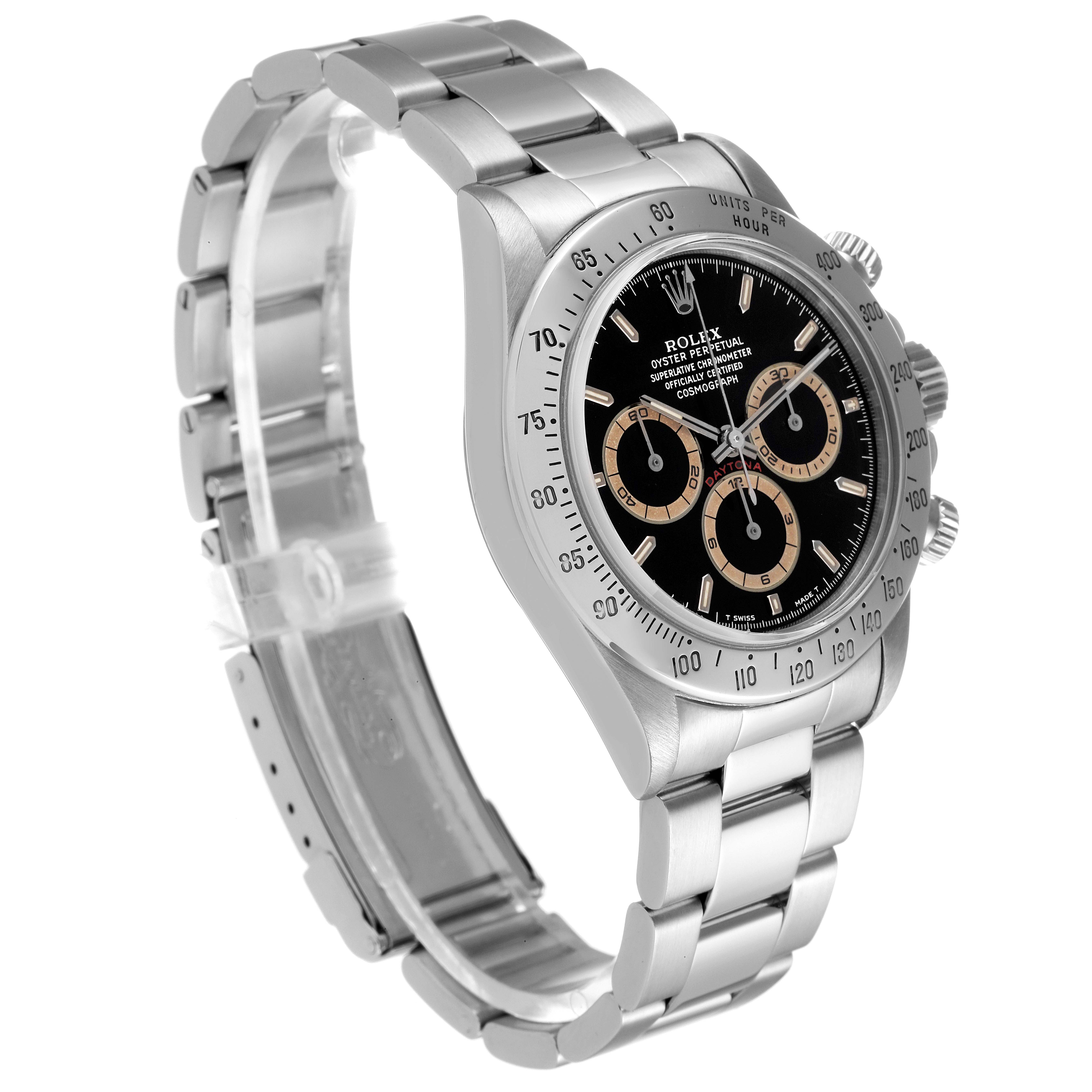 The Rolex Daytona 16520 Men's Stainless Steel Black Dial 16520 Men's Stainless Steel Black Dial watch is shown from a 3/4 angle, displaying the face, bracelet, bezel, and chronograph sub-dials.