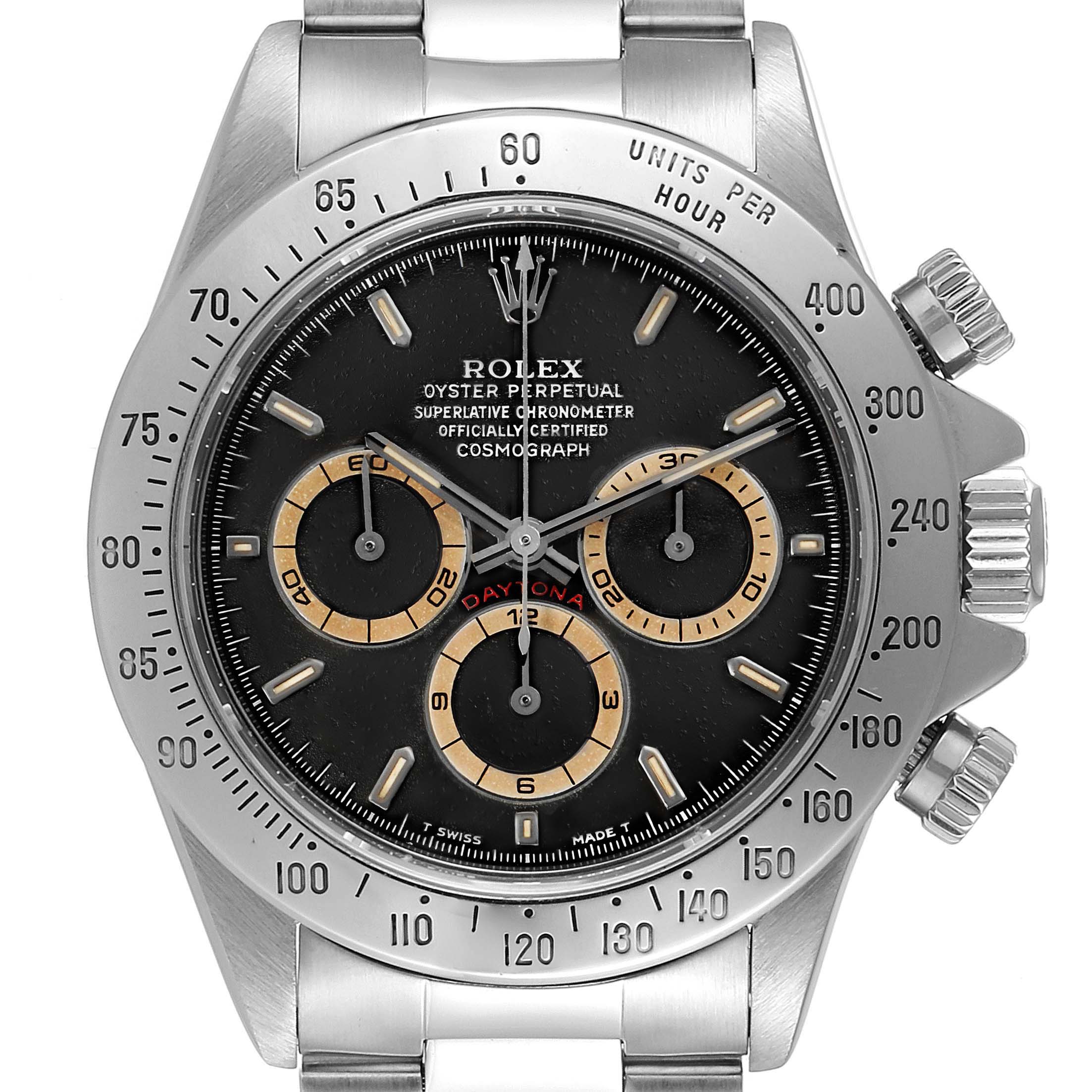 The image shows a Rolex Daytona 16520 Men's Stainless Steel Black Dial 16520 Men's Stainless Steel Black Dial watch from a front view angle, highlighting its dial, bezel, sub-dials, and pushers.