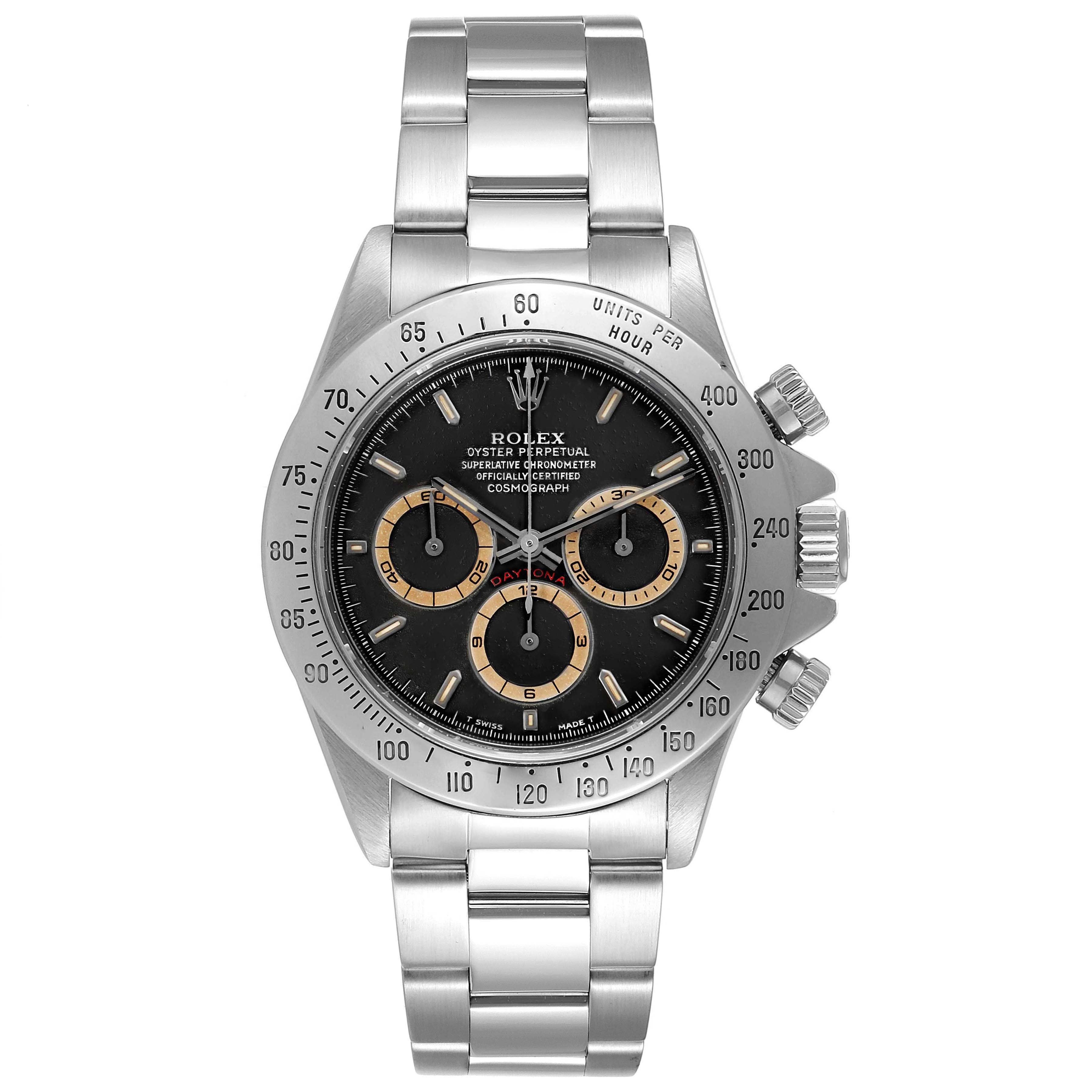 The image shows a frontal view of the Rolex Daytona 16520 Men's Stainless Steel Black Dial 16520 Men's Stainless Steel Black Dial watch, displaying its face, bezel, pushers, and stainless steel bracelet.
