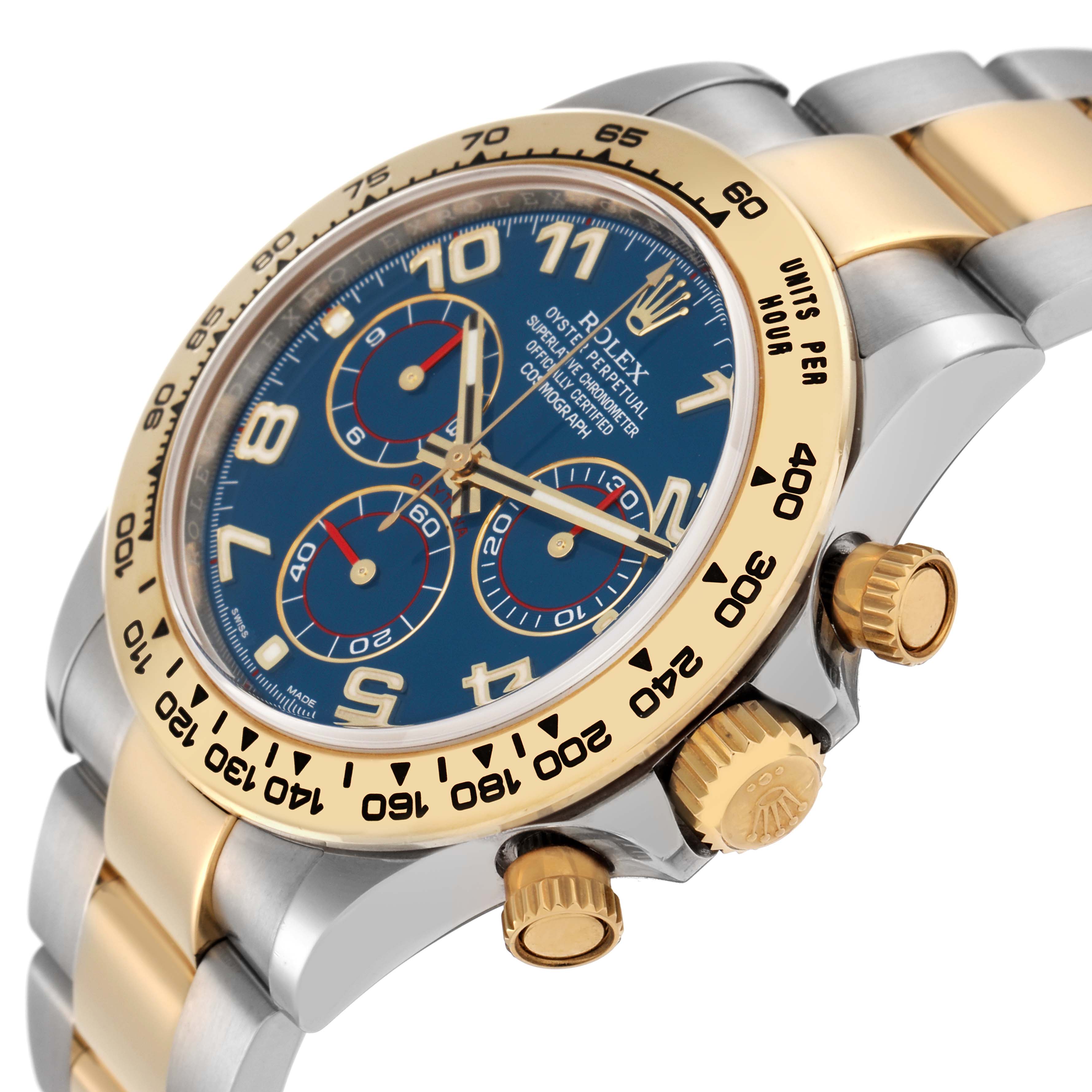 The image shows a Rolex Daytona 116503 Men
s Steel and Gold (two tone) Blue Dial 116503 Men
s Steel and Gold (two tone) Blue Dial watch from a side angle, highlighting the face, bezel, crown, and part of the bracelet.