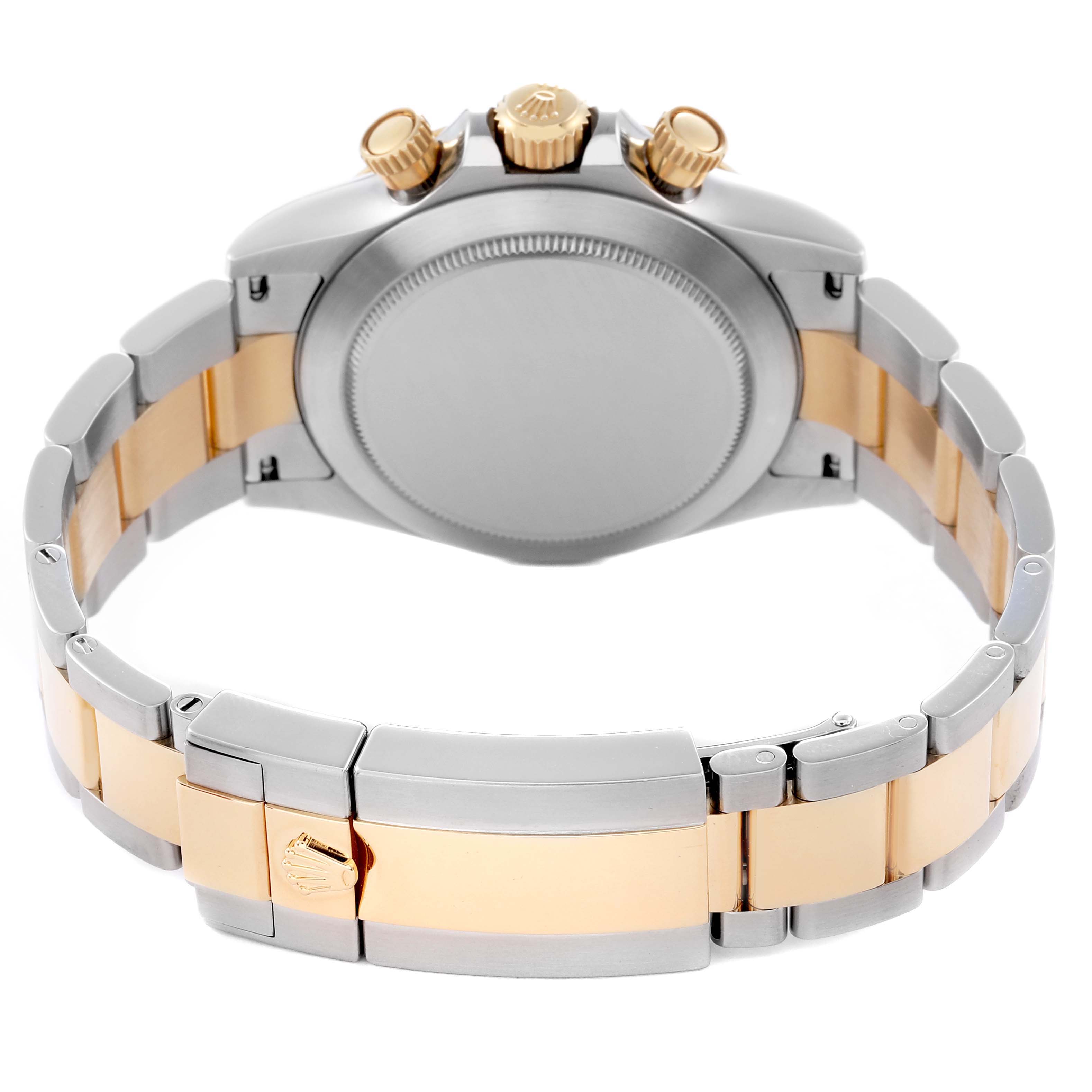 The image shows the back view of a Rolex Daytona 116503 Men
s Steel and Gold (two tone) Blue Dial 116503 Men
s Steel and Gold (two tone) Blue Dial watch, highlighting the bracelet, clasp, and case back.