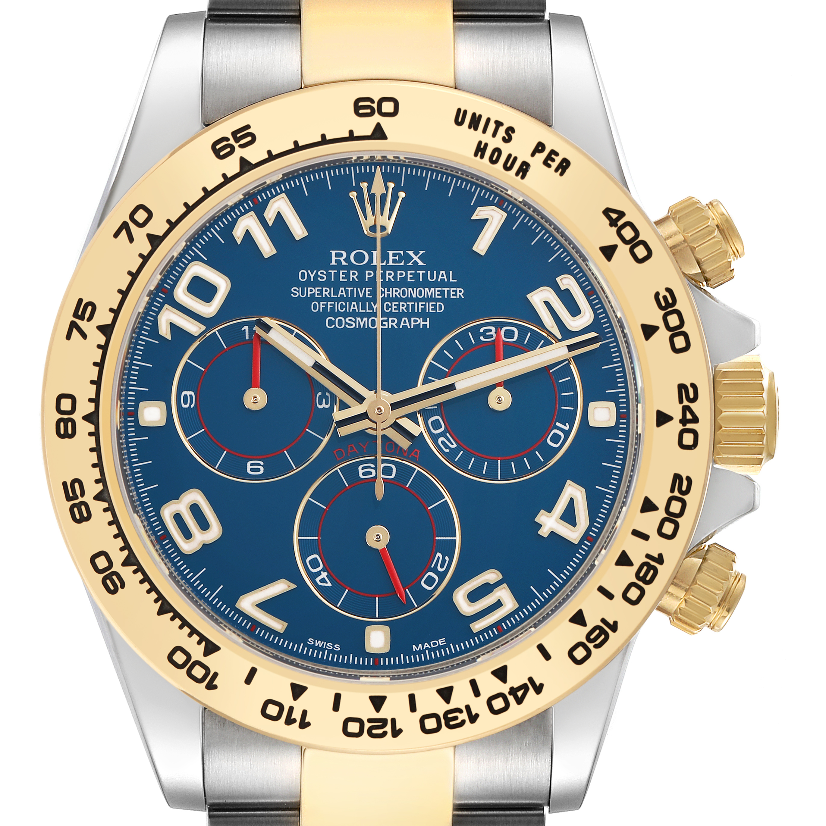 The image shows a frontal view of a Rolex Daytona 116503 Men
s Steel and Gold (two tone) Blue Dial 116503 Men
s Steel and Gold (two tone) Blue Dial watch featuring a blue dial with a gold bezel and pushers.